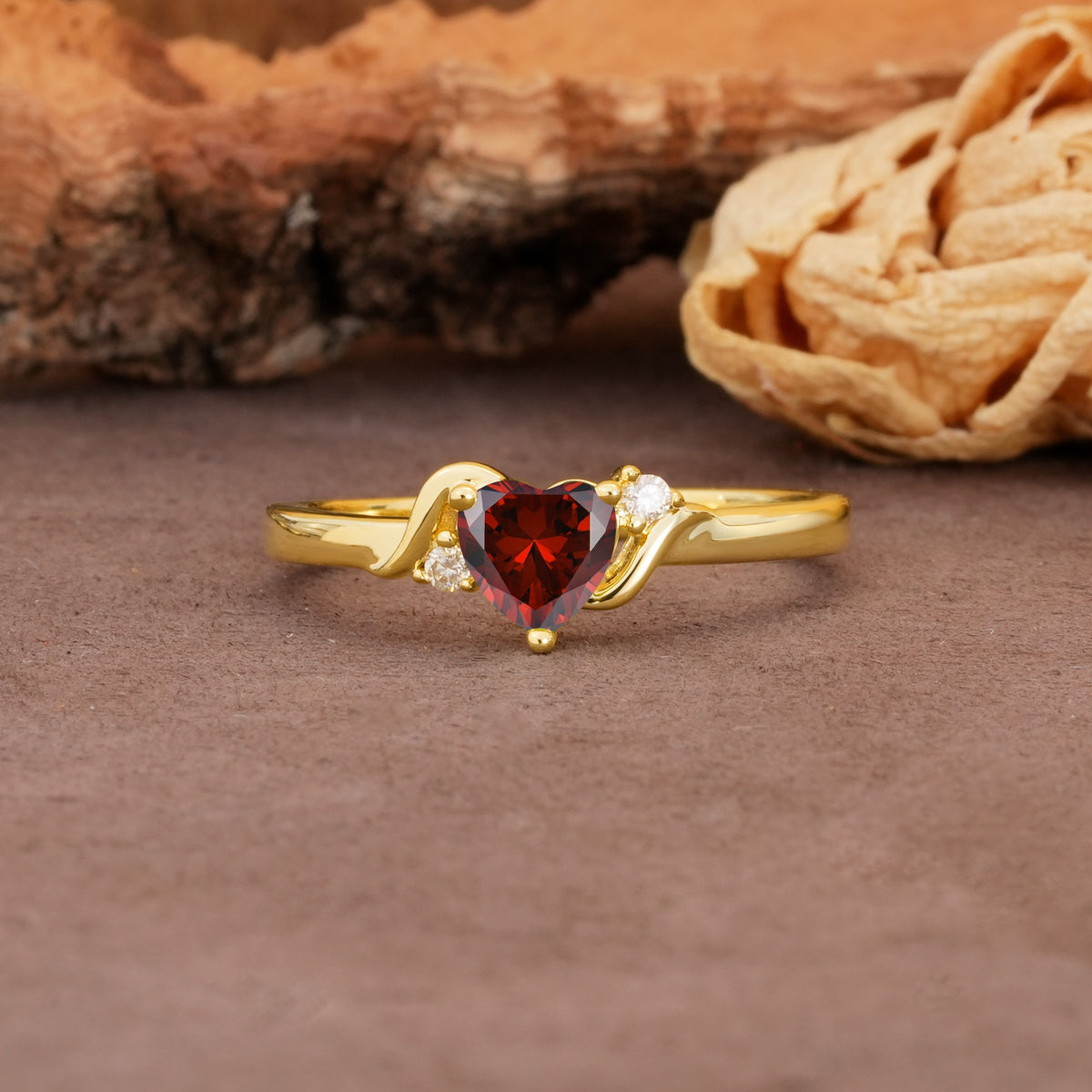 Unique Twisted 3-Prong Heart Cut Garnet Engagement Ring - Additional view