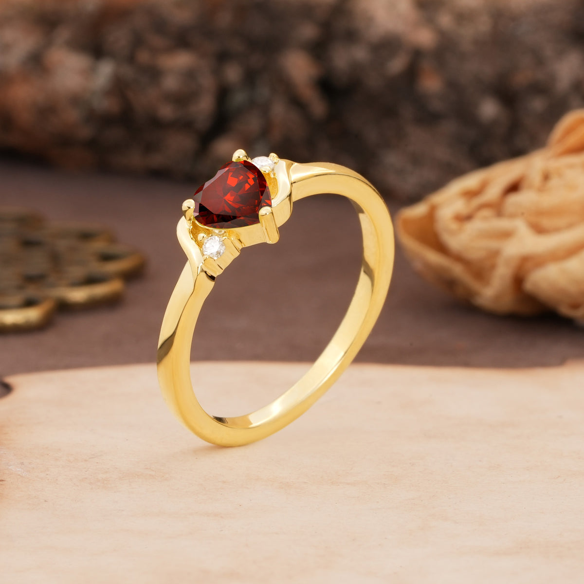 Unique Twisted 3-Prong Heart Cut Garnet Engagement Ring - Additional view