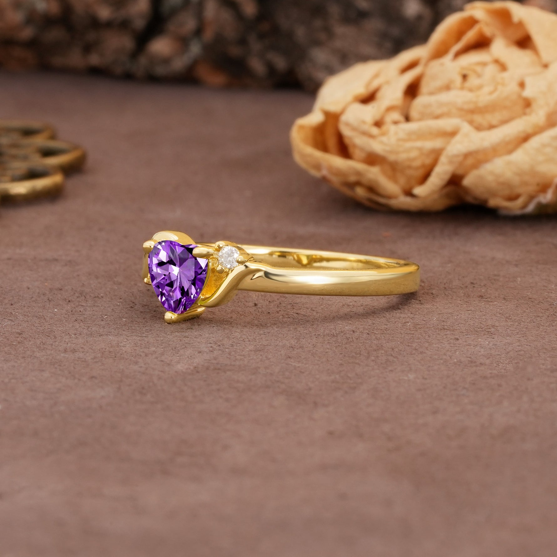 Unique Twisted 3-Prong Heart Cut Amethyst Engagement Ring - Additional view