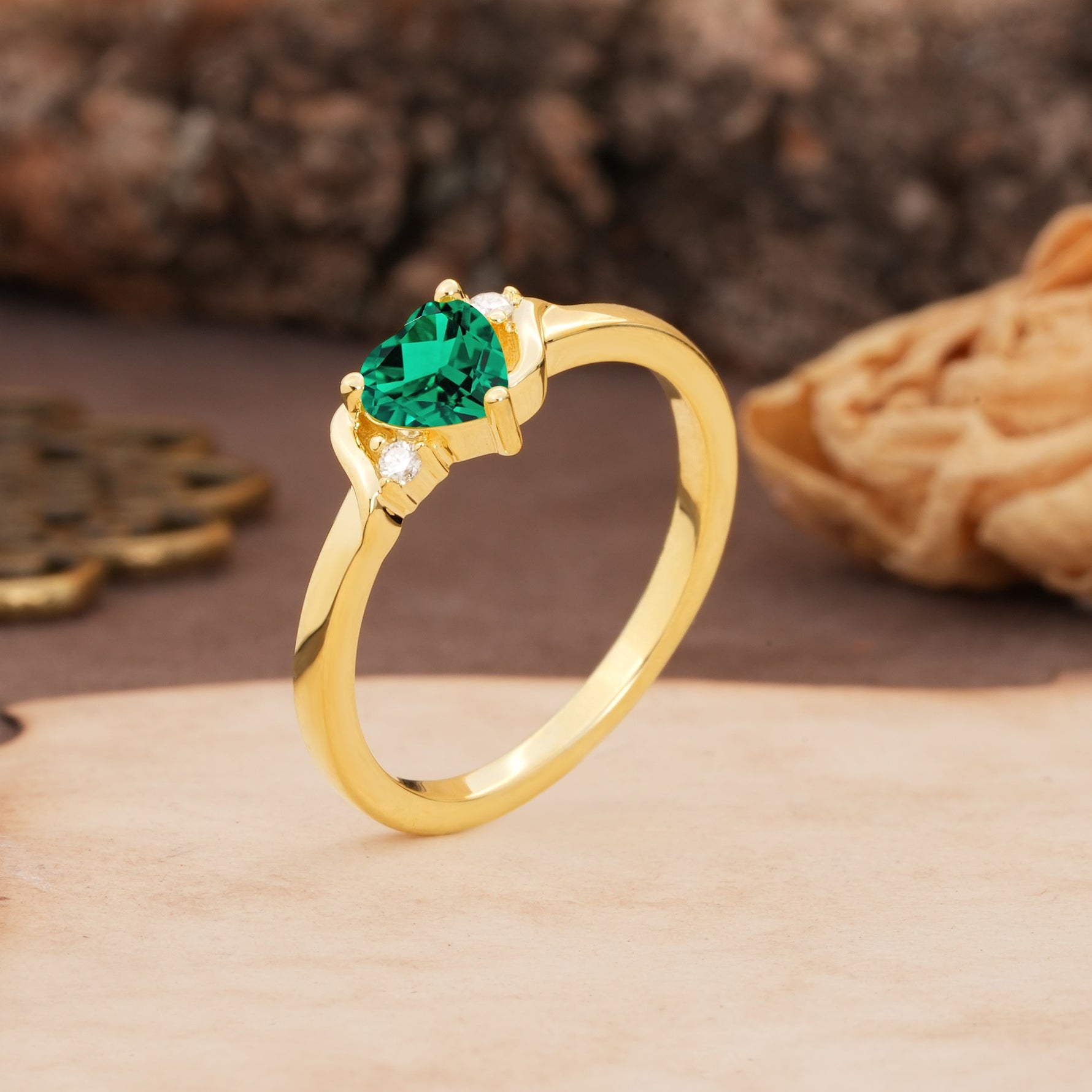 Unique Twisted 3-Prong Heart Cut Emerald Engagement Ring - Additional view