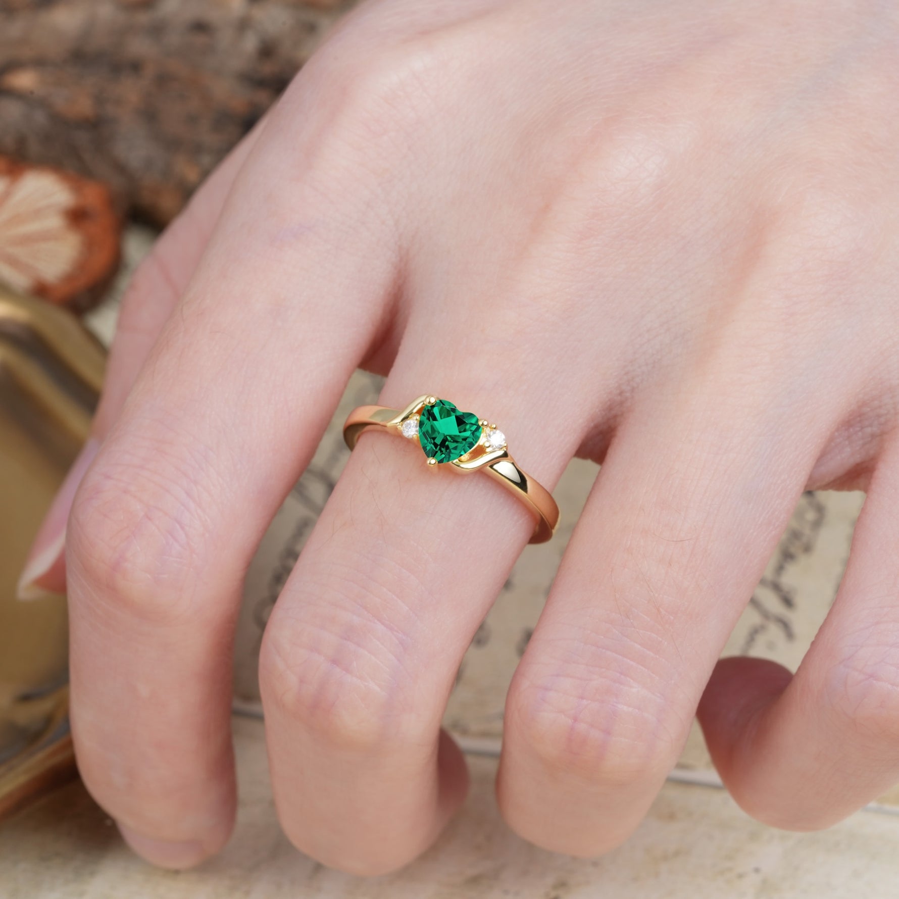 Unique Twisted 3-Prong Heart Cut Emerald Engagement Ring - Additional view