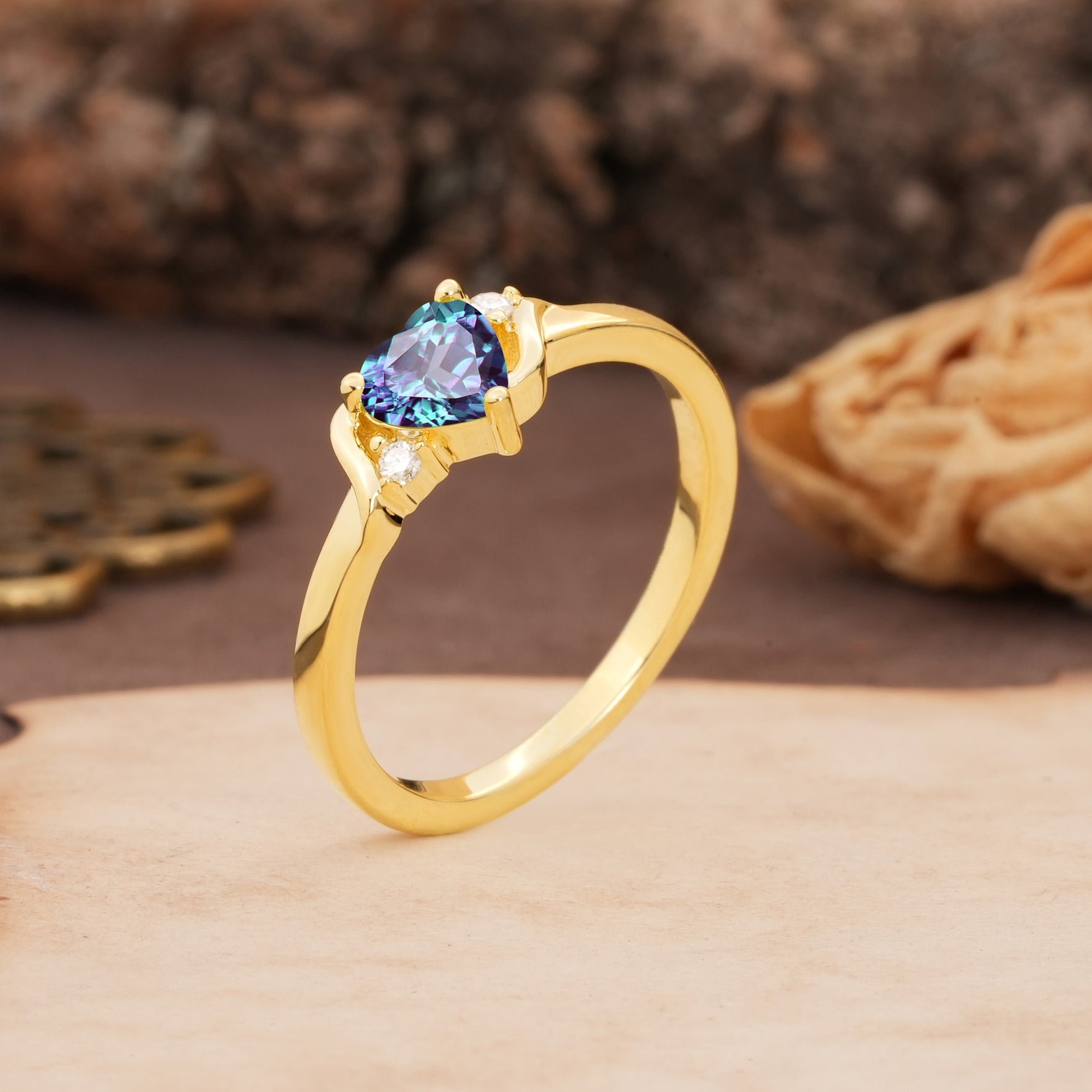 Unique Twisted 3-Prong Heart Cut Alexandrite Engagement Ring - Additional view