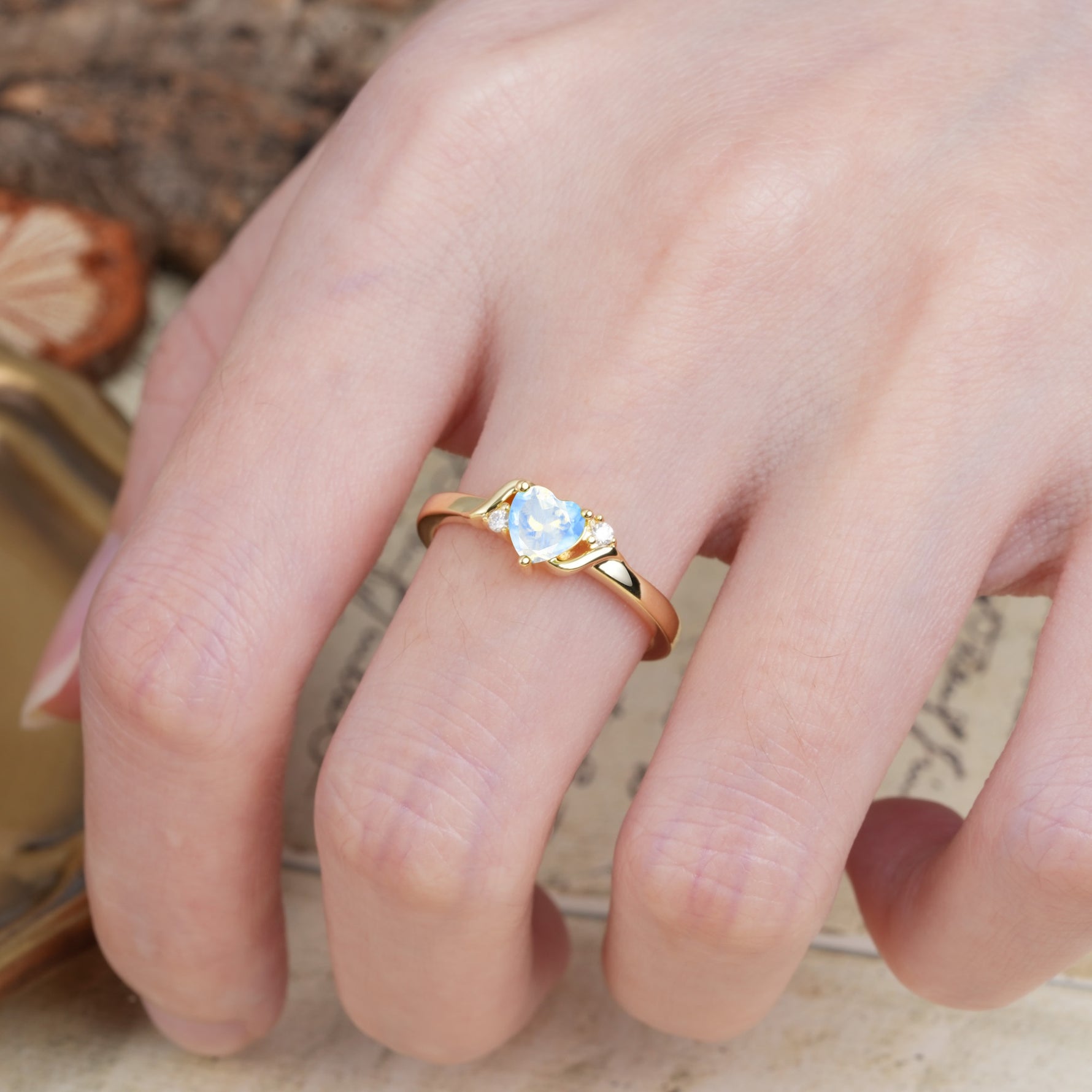 Unique Twisted 3-Prong Heart Cut Moonstone Engagement Ring - Additional view