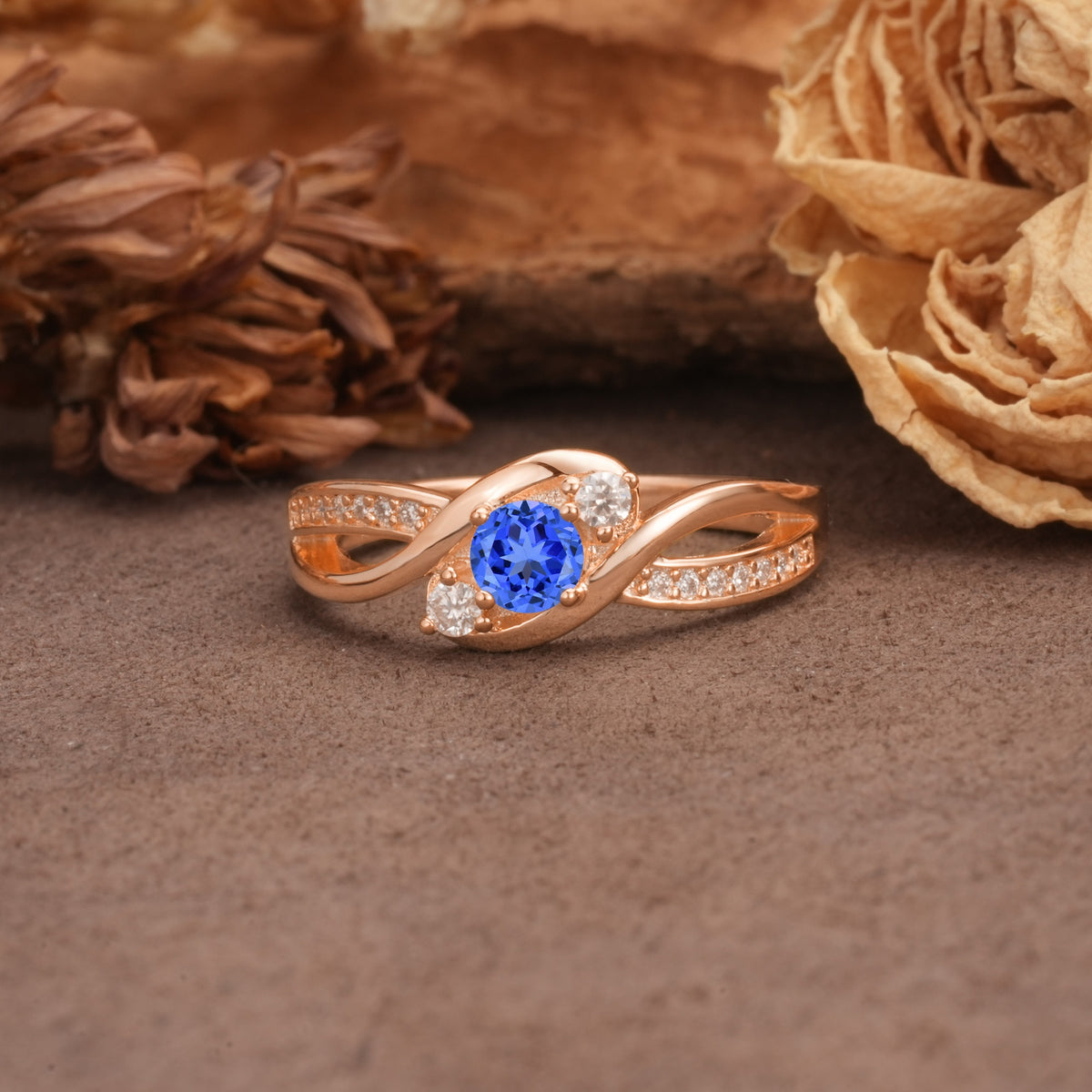 Unique, Minimalist, Twisted 4-Prong Round Cut Sapphire Wedding Ring - Additional view