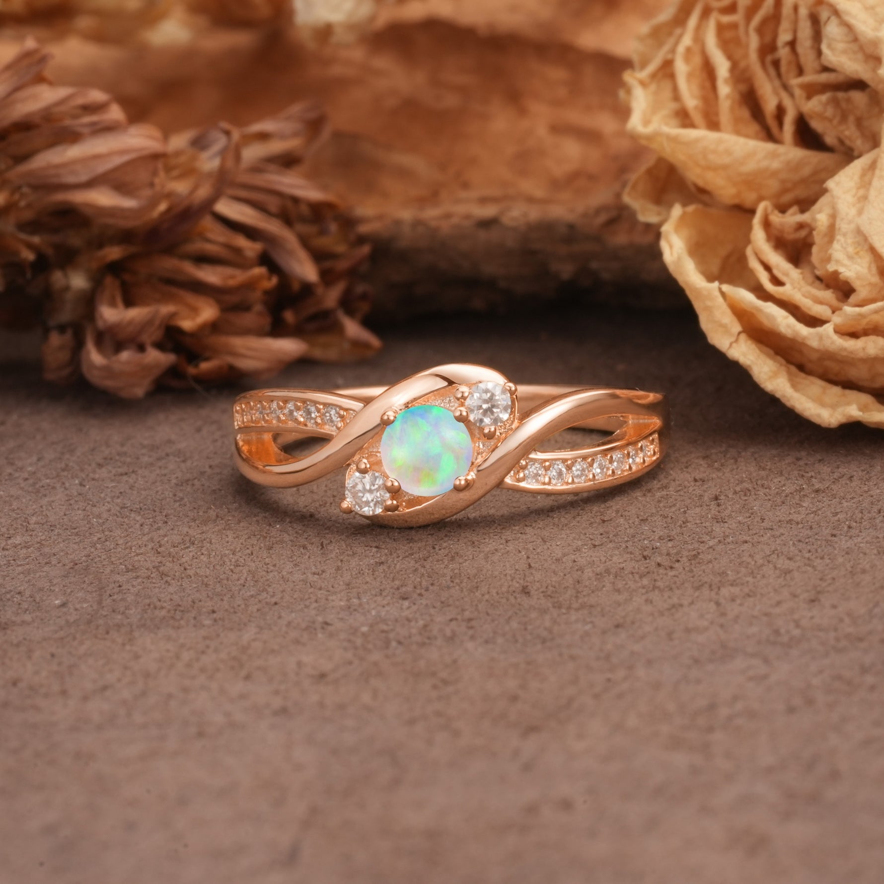 Unique, Minimalist, Twisted 4-Prong Round Cut Fire Opal Wedding Ring - Additional view