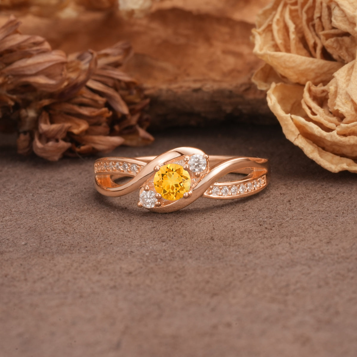 Unique, Minimalist, Twisted 4-Prong Round Cut Citrine Wedding Ring - Additional view