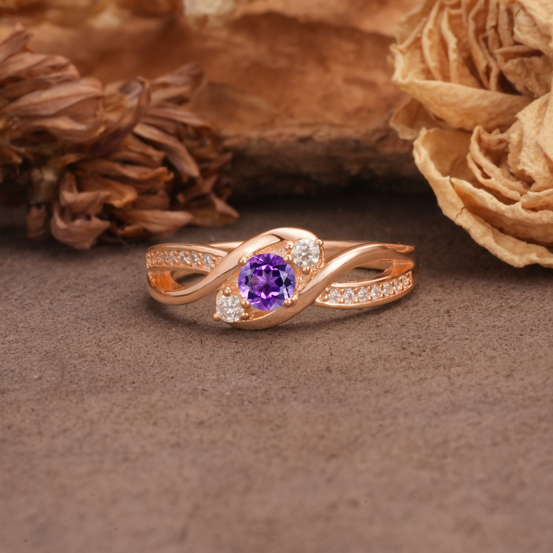 Unique, Minimalist, Twisted 4-Prong Round Cut Amethyst Wedding Ring - Additional view