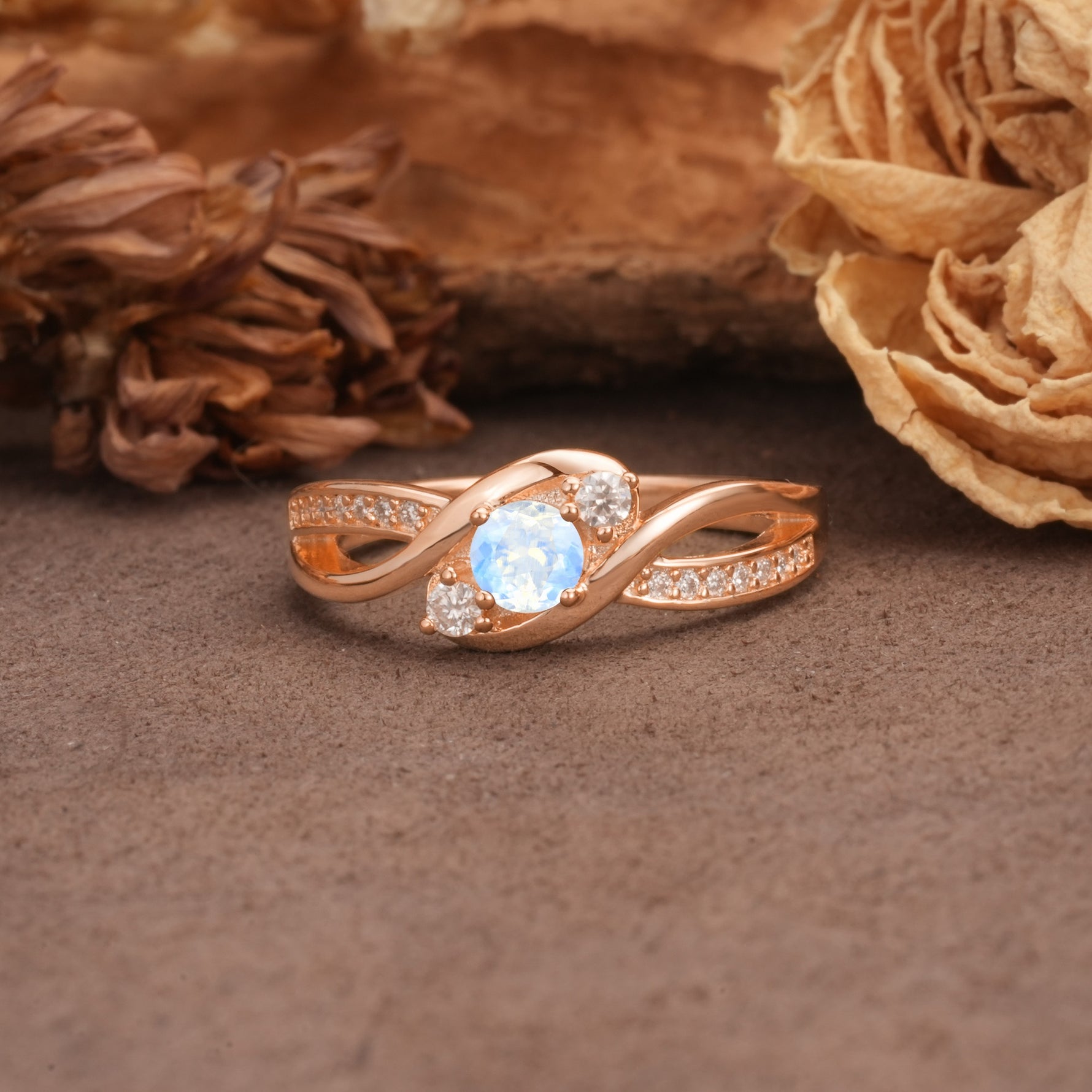 Unique, Minimalist, Twisted 4-Prong Round Cut Moonstone Wedding Ring - Additional view