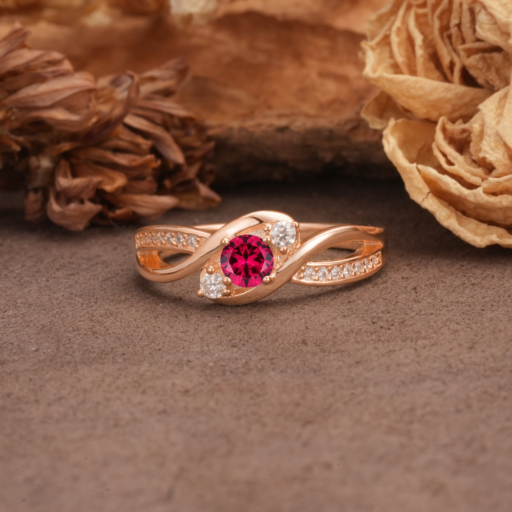 Unique, Minimalist, Twisted 4-Prong Round Cut Ruby Wedding Ring - Additional view