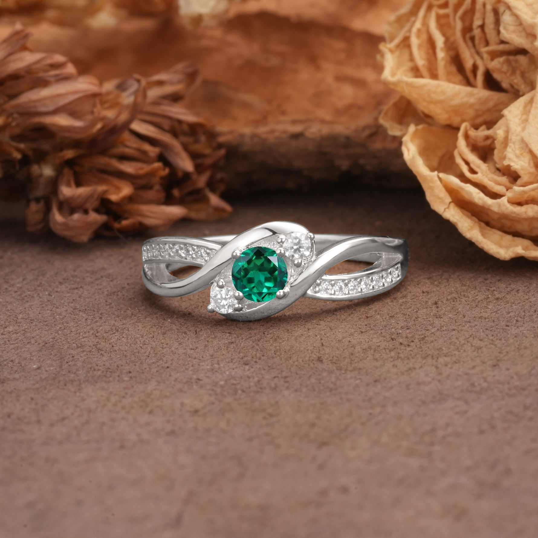 Unique, Minimalist, Twisted 4-Prong Round Cut Emerald Wedding Ring - Additional view