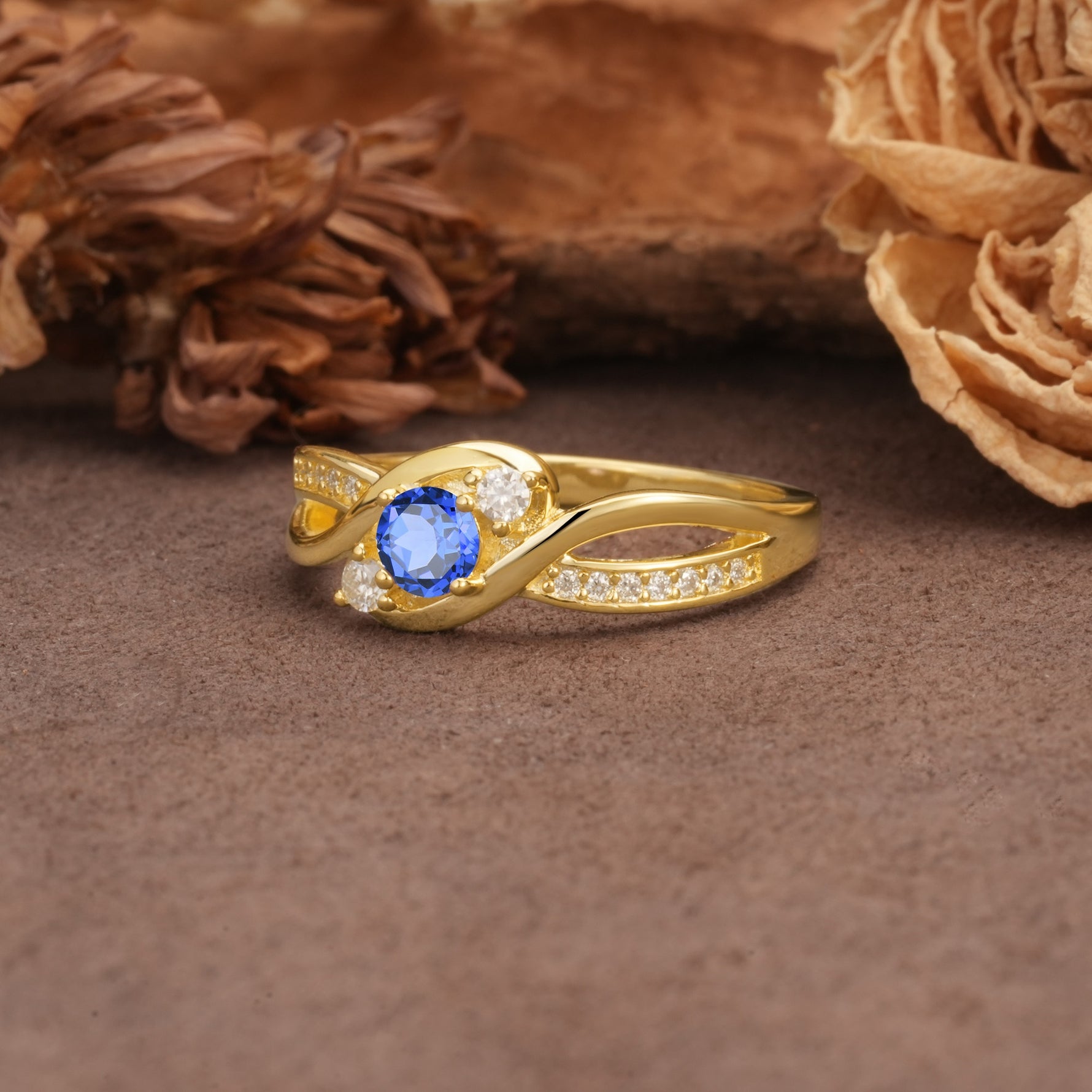 Unique, Minimalist, Twisted 4-Prong Round Cut Sapphire Wedding Ring - Additional view