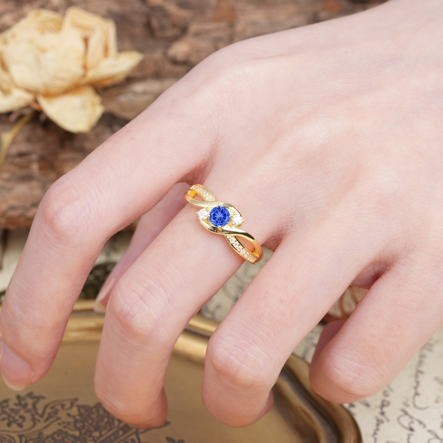 Unique, Minimalist, Twisted 4-Prong Round Cut Sapphire Wedding Ring - Additional view