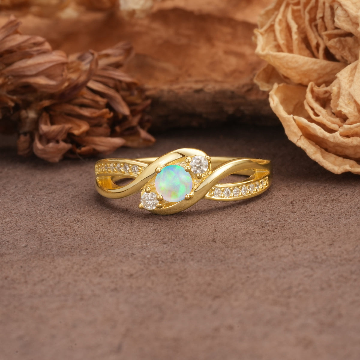 Unique, Minimalist, Twisted 4-Prong Round Cut Fire Opal Wedding Ring - Additional view