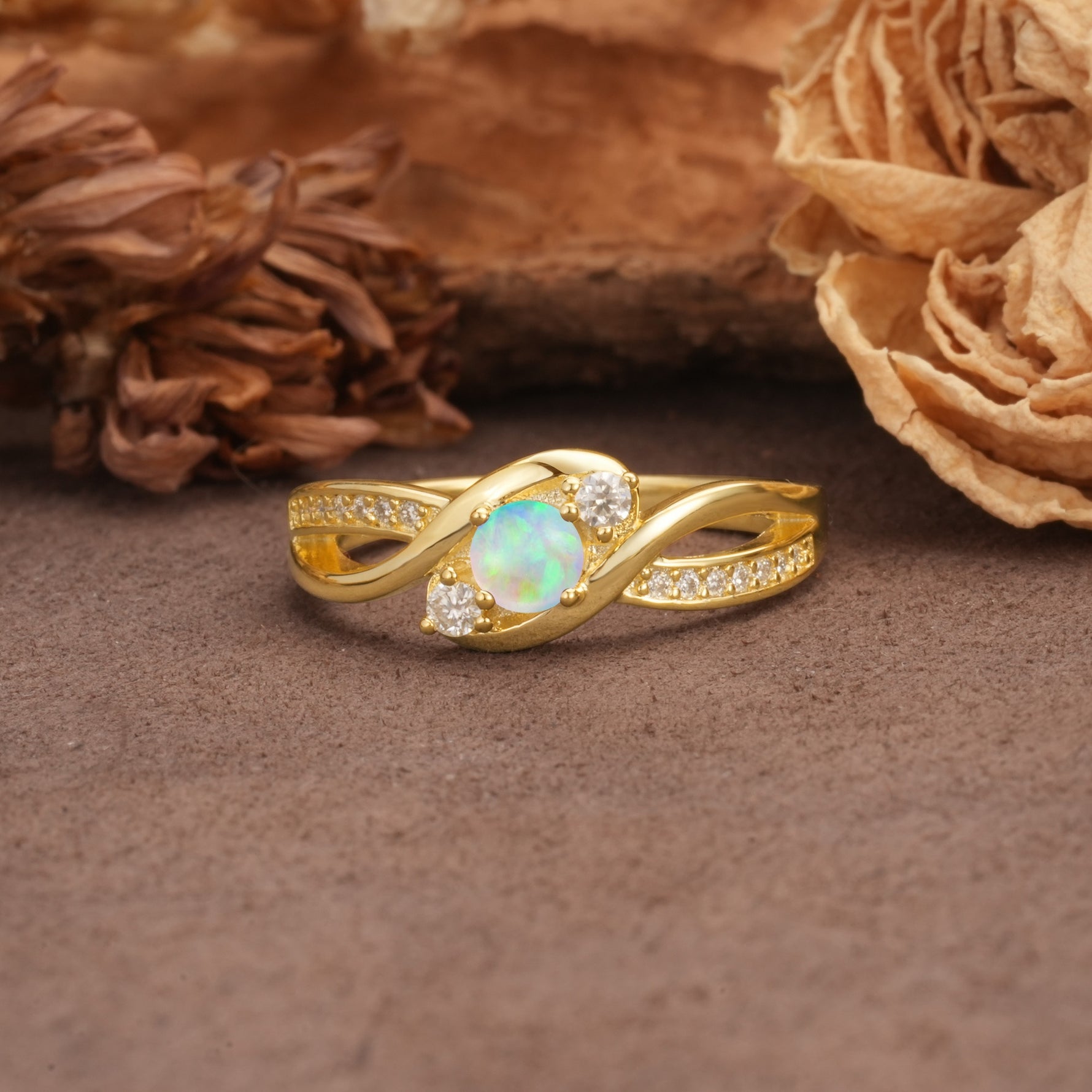 Unique, Minimalist, Twisted 4-Prong Round Cut Fire Opal Wedding Ring - Additional view