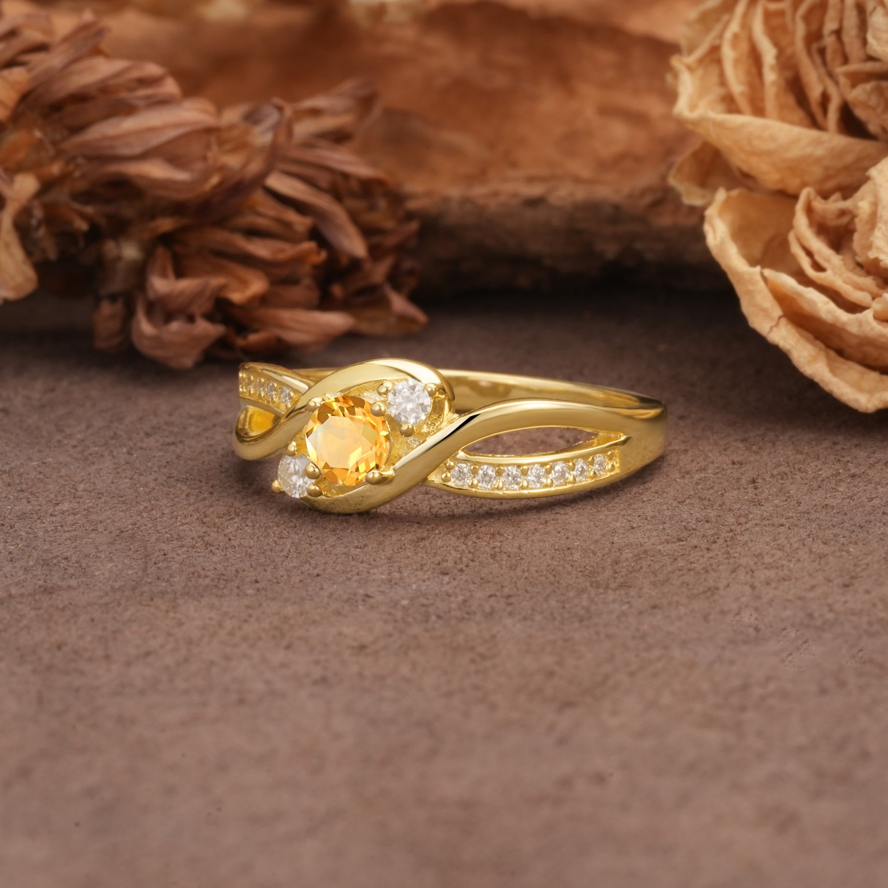 Unique, Minimalist, Twisted 4-Prong Round Cut Citrine Wedding Ring - Additional view