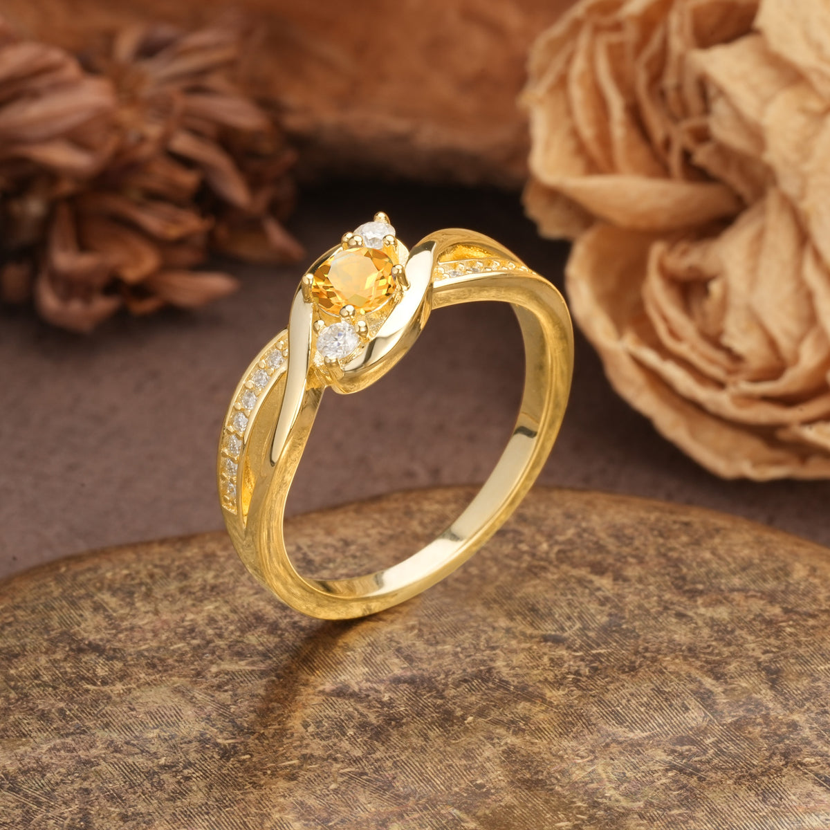 Unique, Minimalist, Twisted 4-Prong Round Cut Citrine Wedding Ring - Additional view