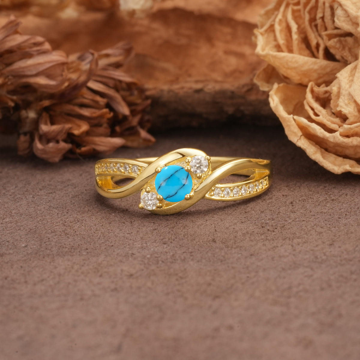 Unique, Minimalist, Twisted 4-Prong Round Cut Turquoise Wedding Ring - Additional view