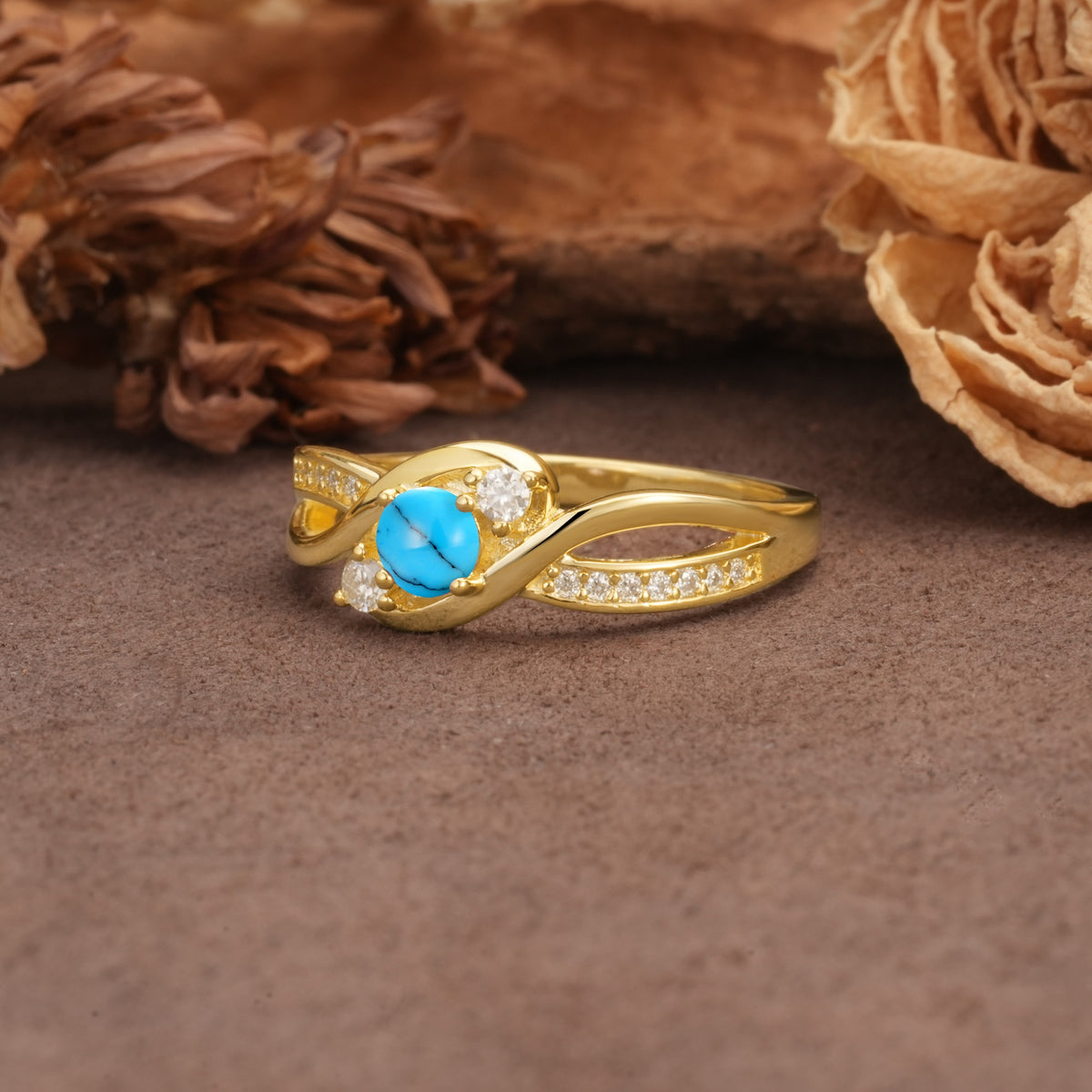 Unique, Minimalist, Twisted 4-Prong Round Cut Turquoise Wedding Ring - Additional view