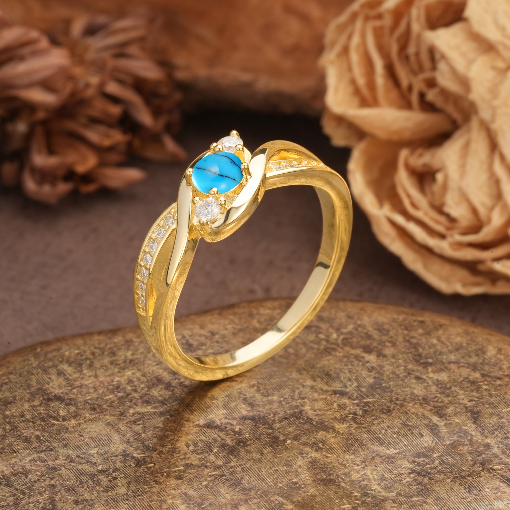 Unique, Minimalist, Twisted 4-Prong Round Cut Turquoise Wedding Ring - Additional view