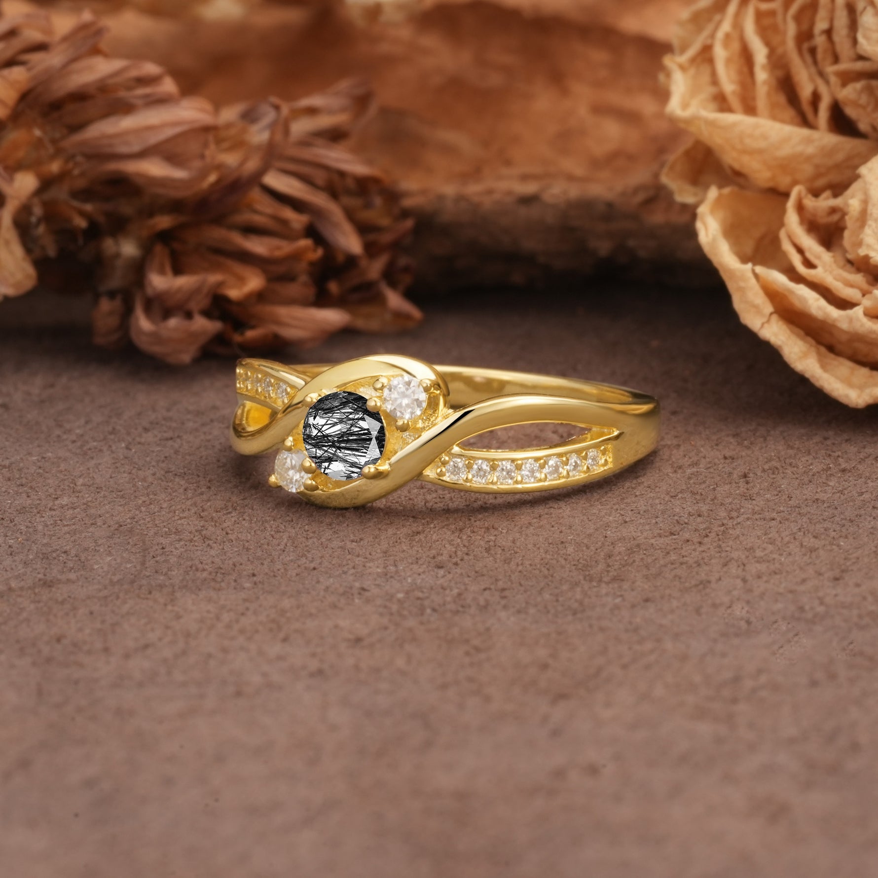 Unique, Minimalist, Twisted 4-Prong Round Cut Black Rutilated Quartz Wedding Ring - Additional view