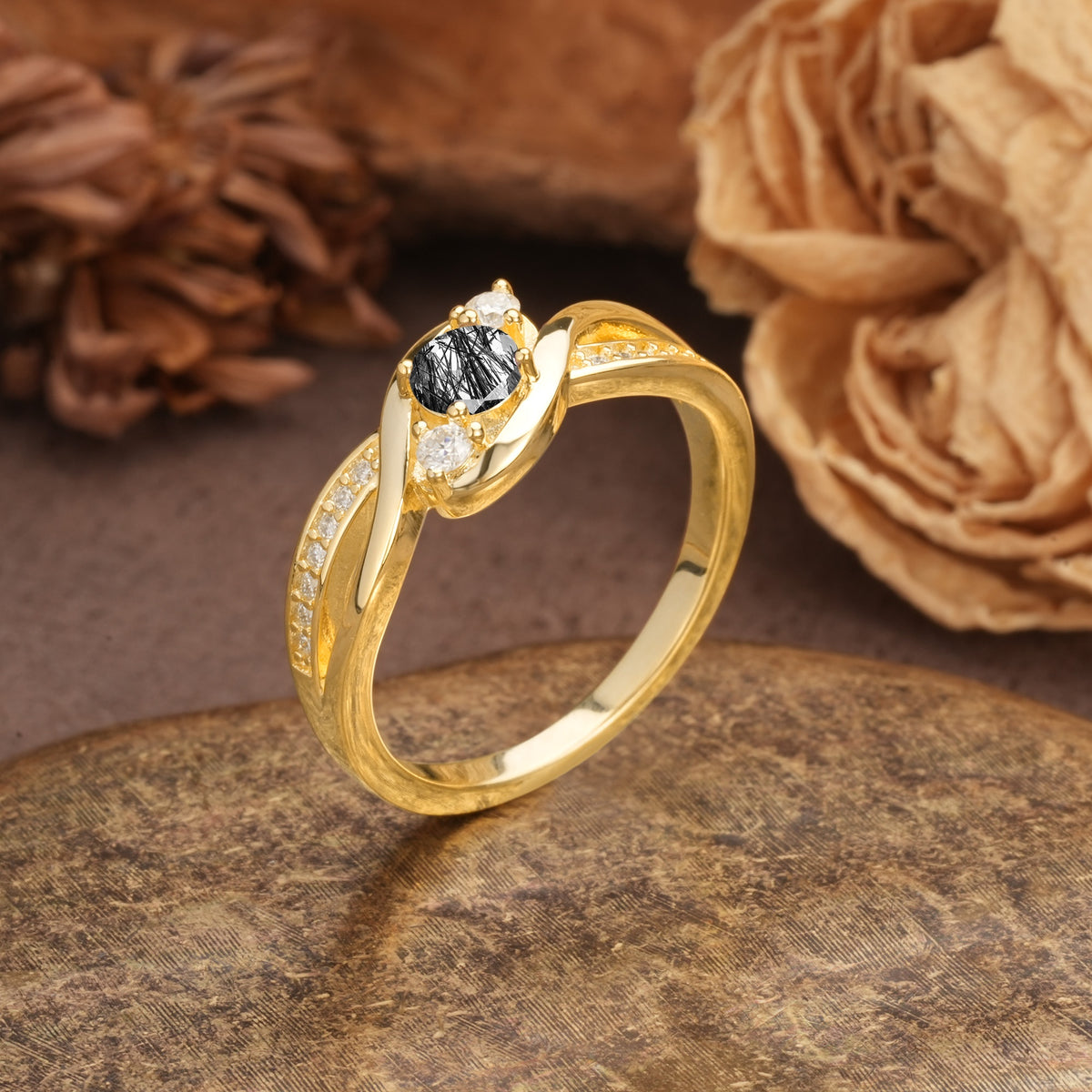 Unique, Minimalist, Twisted 4-Prong Round Cut Black Rutilated Quartz Wedding Ring - Additional view