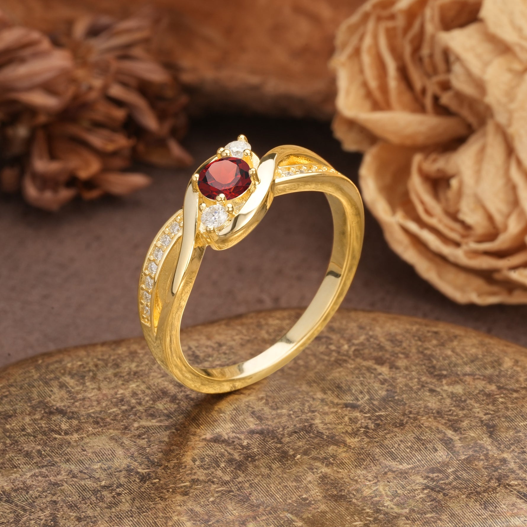Unique, Minimalist, Twisted 4-Prong Round Cut Garnet Wedding Ring - Additional view