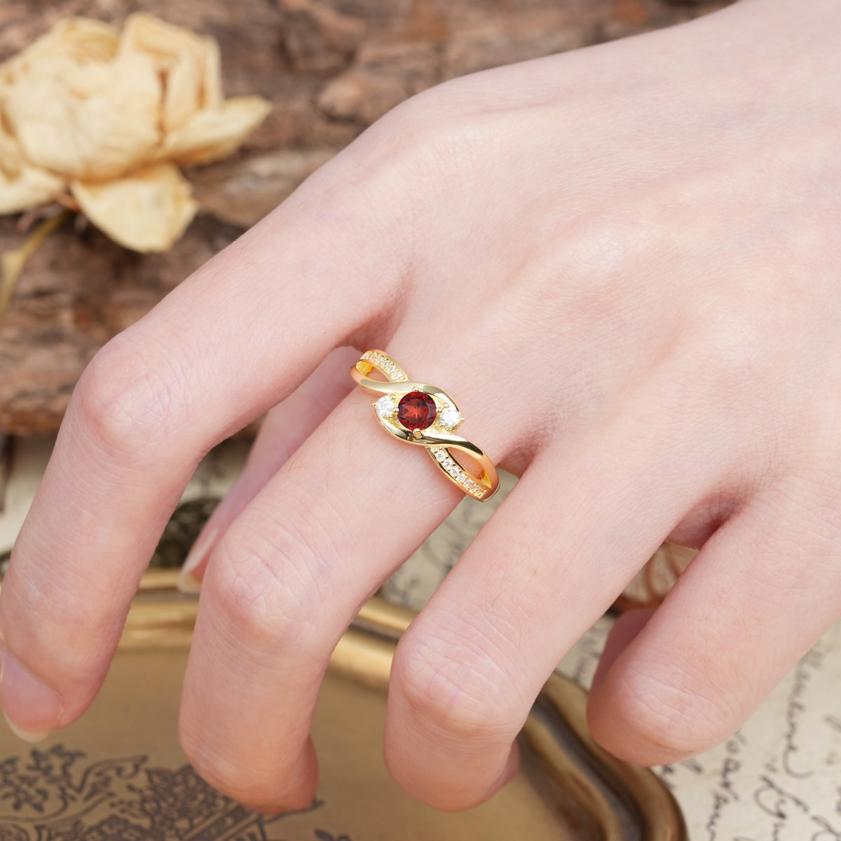 Unique, Minimalist, Twisted 4-Prong Round Cut Garnet Wedding Ring - Additional view