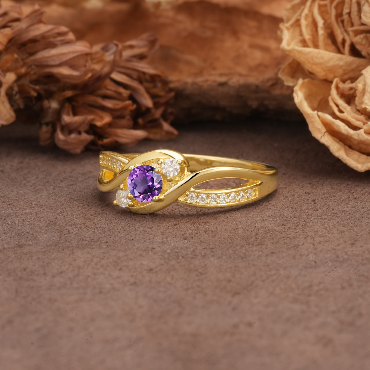 Unique, Minimalist, Twisted 4-Prong Round Cut Amethyst Wedding Ring - Additional view
