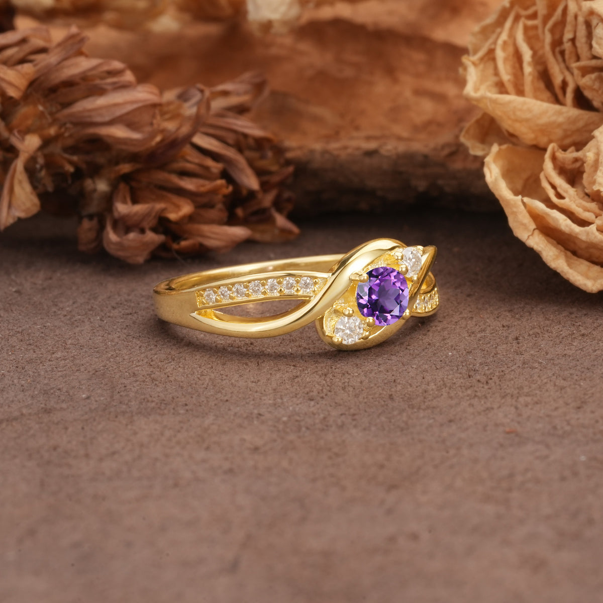 Unique, Minimalist, Twisted 4-Prong Round Cut Amethyst Wedding Ring - Additional view