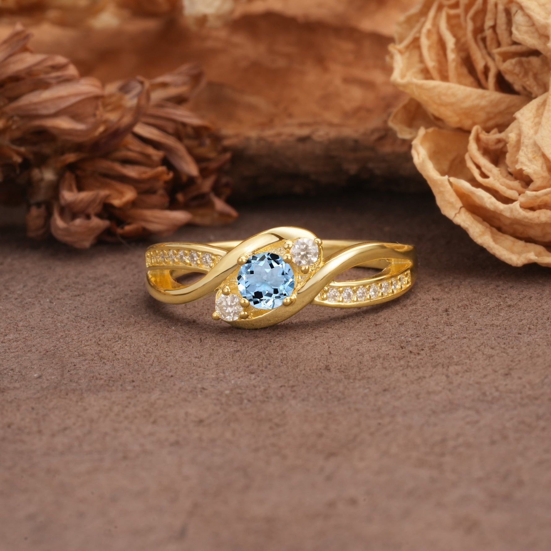 Unique, Minimalist, Twisted 4-Prong Round Cut Aquamarine Wedding Ring - Additional view