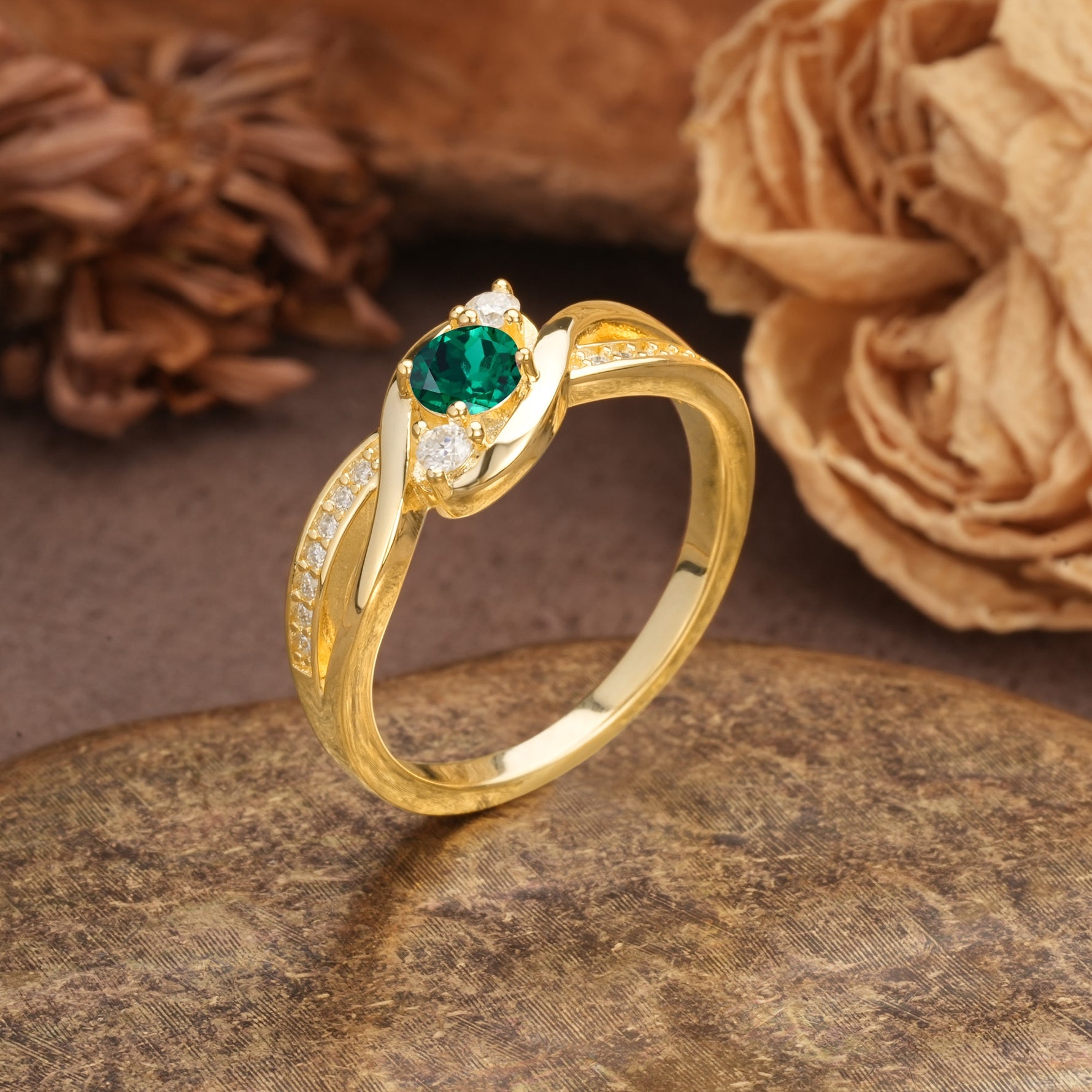 Unique, Minimalist, Twisted 4-Prong Round Cut Emerald Wedding Ring - Additional view
