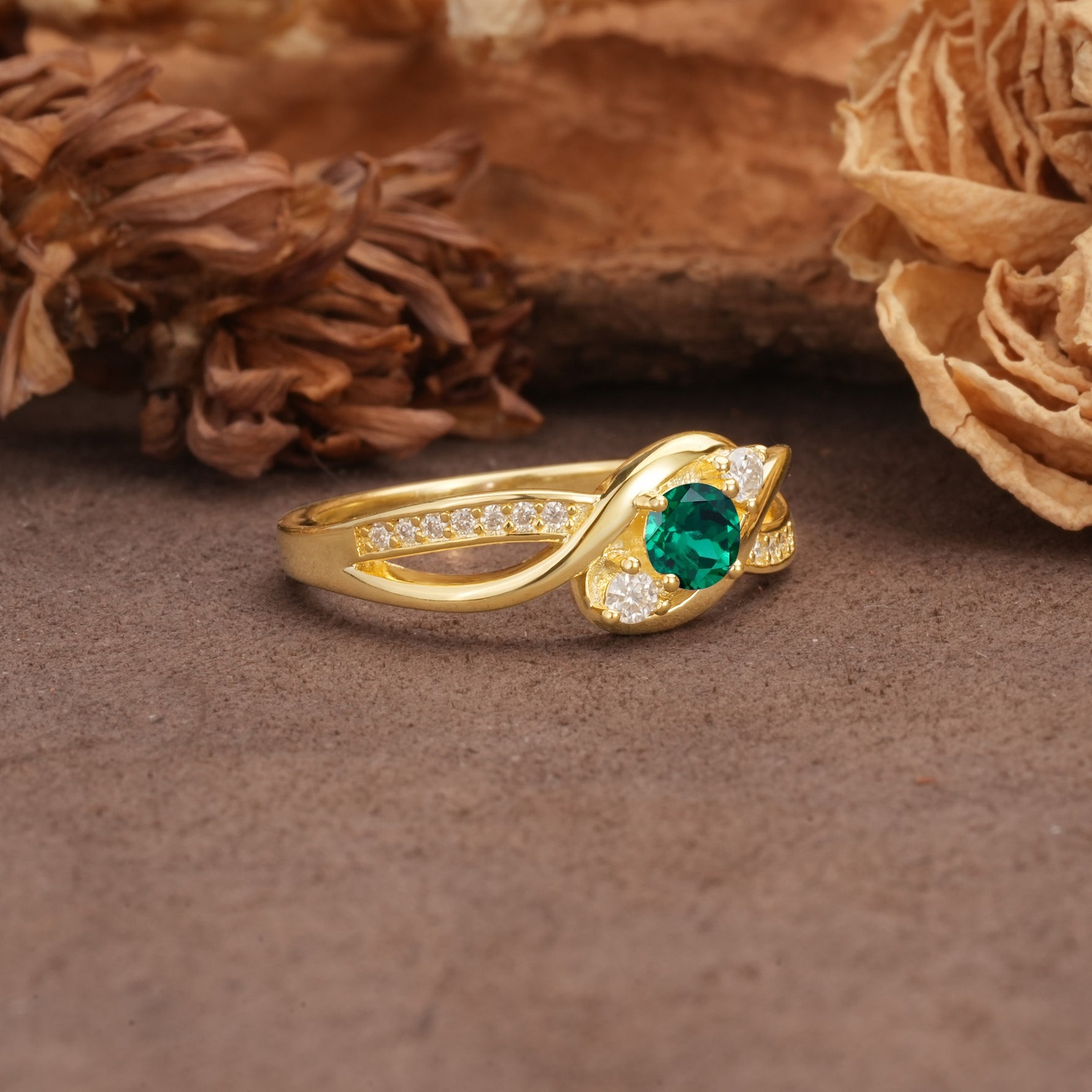 Unique, Minimalist, Twisted 4-Prong Round Cut Emerald Wedding Ring - Additional view
