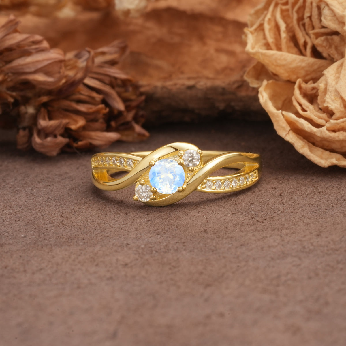 Unique, Minimalist, Twisted 4-Prong Round Cut Moonstone Wedding Ring - Additional view