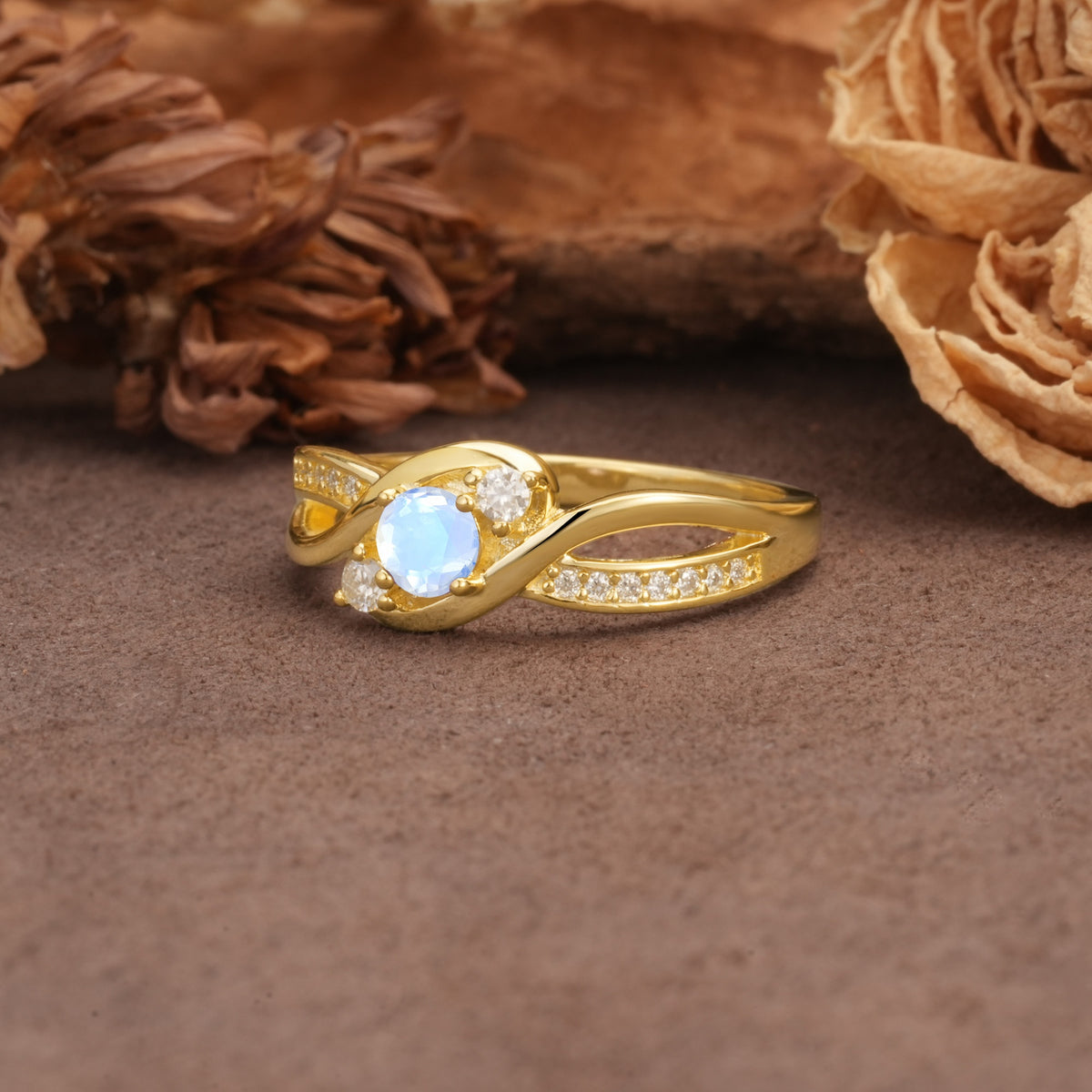 Unique, Minimalist, Twisted 4-Prong Round Cut Moonstone Wedding Ring - Additional view