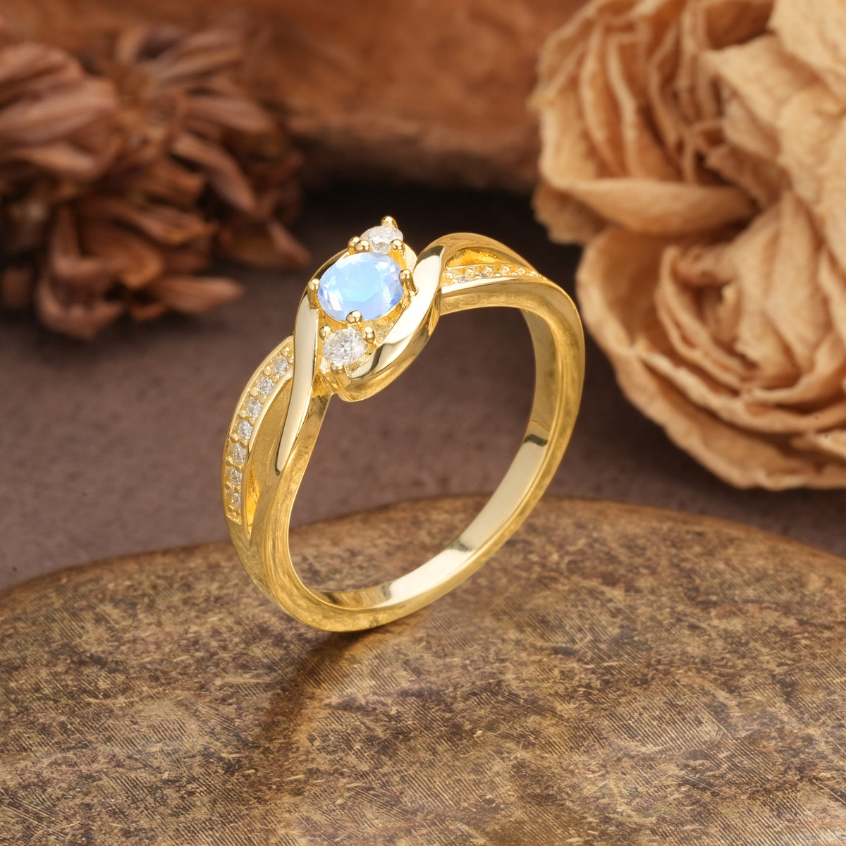 Unique, Minimalist, Twisted 4-Prong Round Cut Moonstone Wedding Ring - Additional view