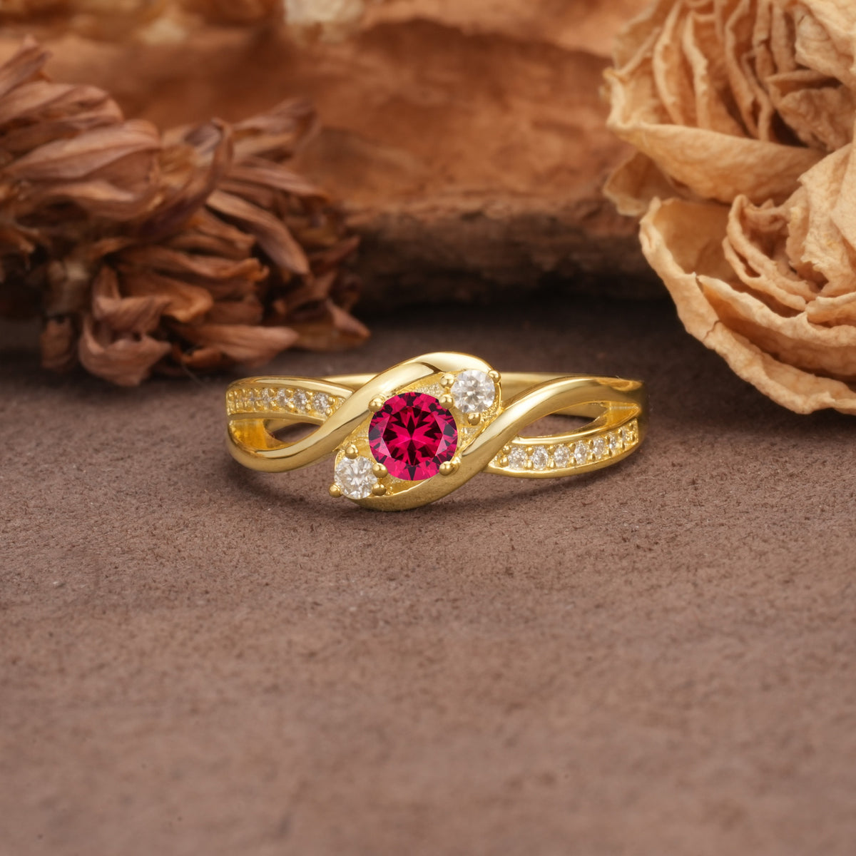 Unique, Minimalist, Twisted 4-Prong Round Cut Ruby Wedding Ring - Additional view