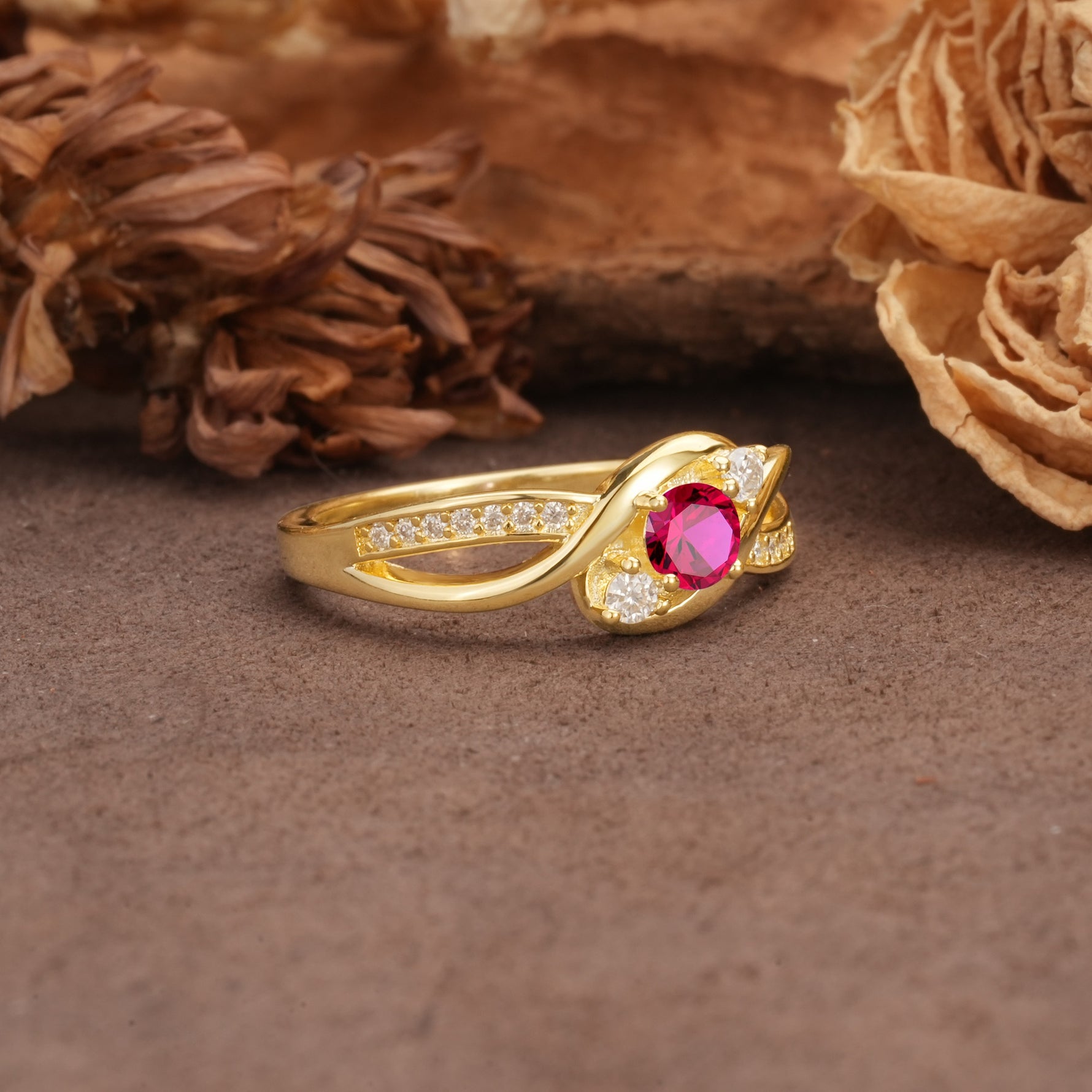 Unique, Minimalist, Twisted 4-Prong Round Cut Ruby Wedding Ring - Additional view