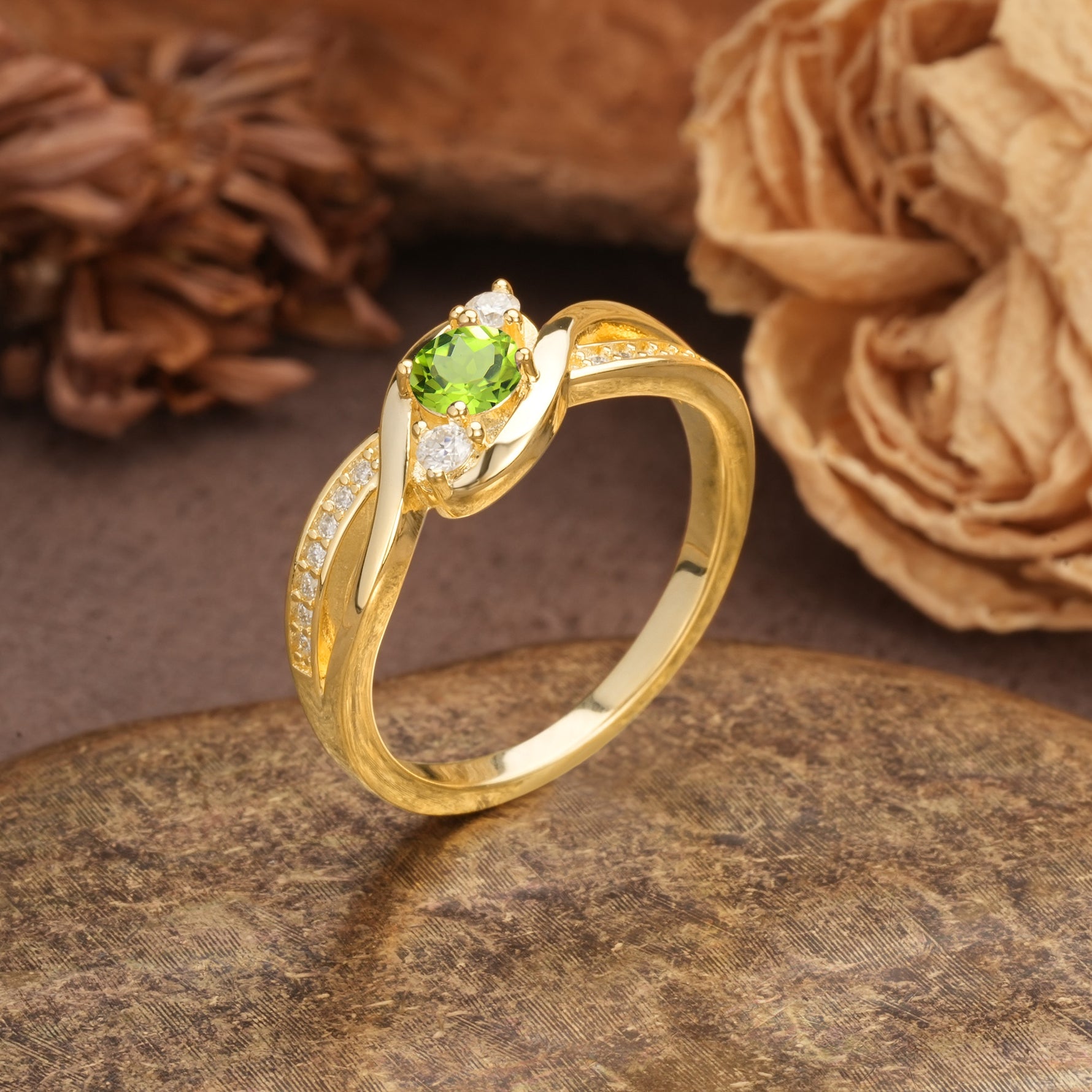 Unique, Minimalist, Twisted 4-Prong Round Cut Peridot Wedding Ring - Additional view