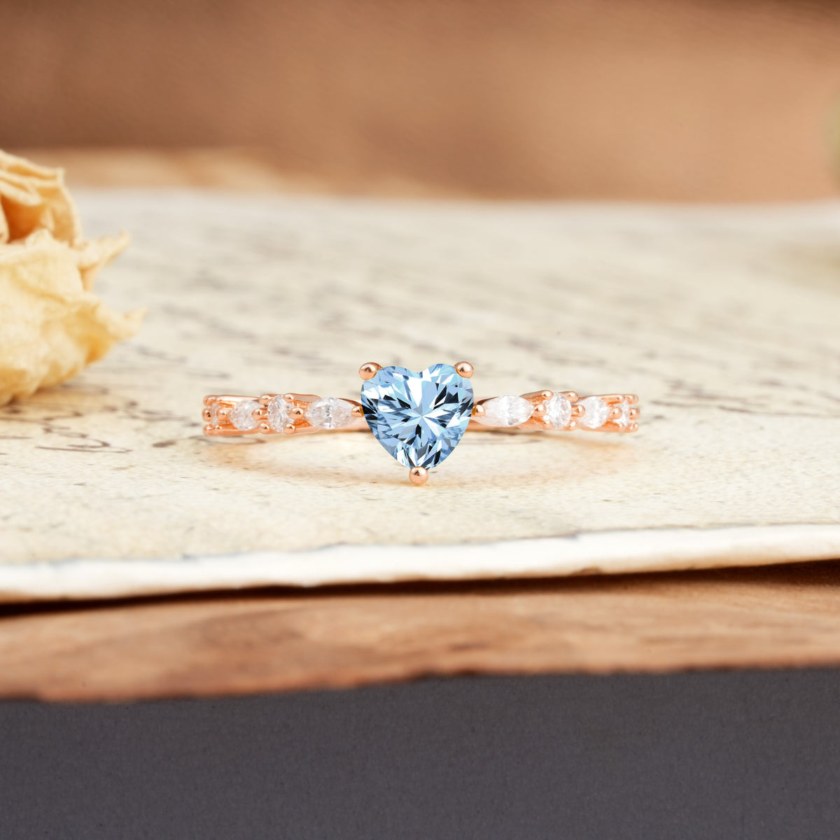 Luxurious Style Pavé 3-Prong Heart Cut Aquamarine Engagement Ring - Additional view