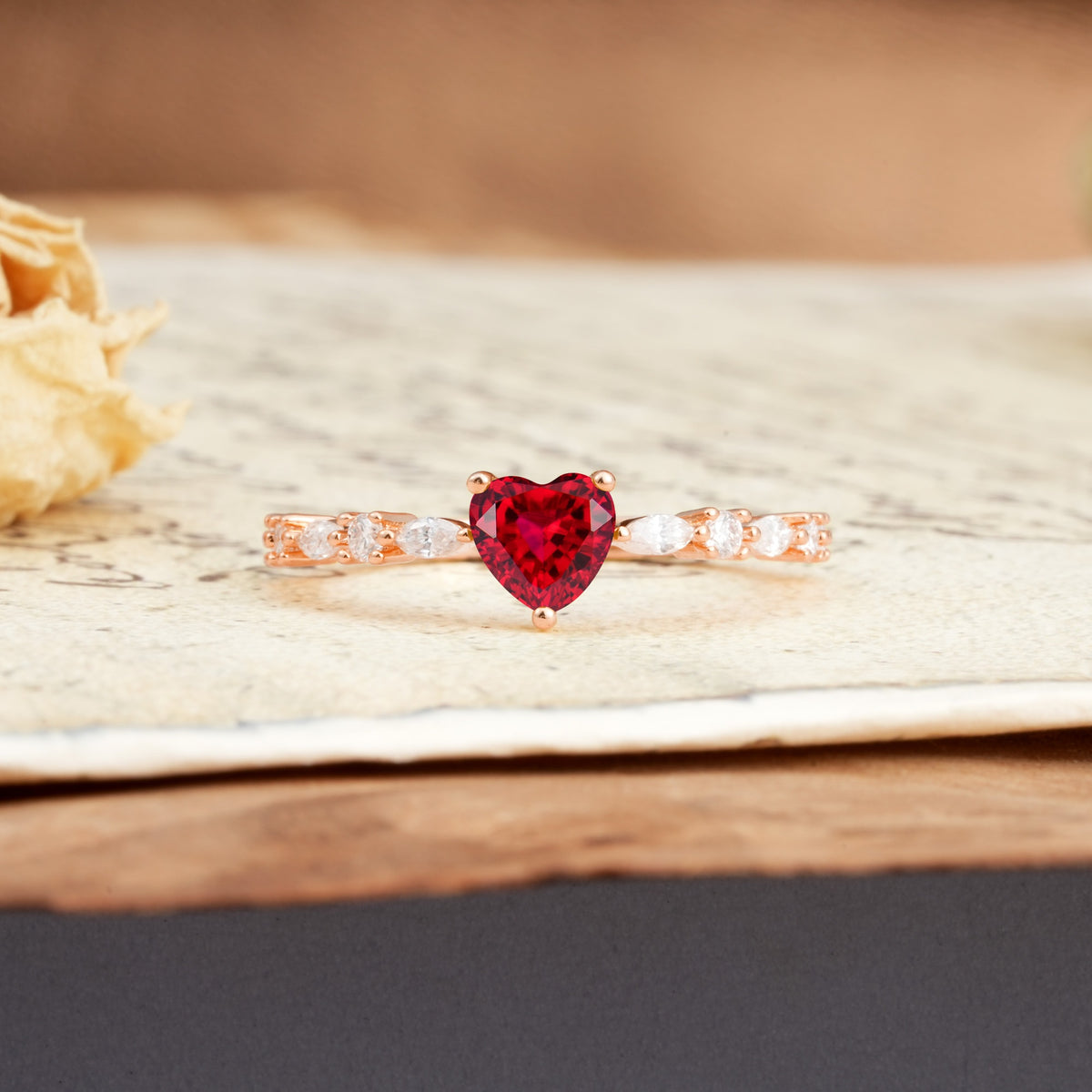 Luxurious Style Pavé 3-Prong Heart Cut Ruby Engagement Ring - Additional view