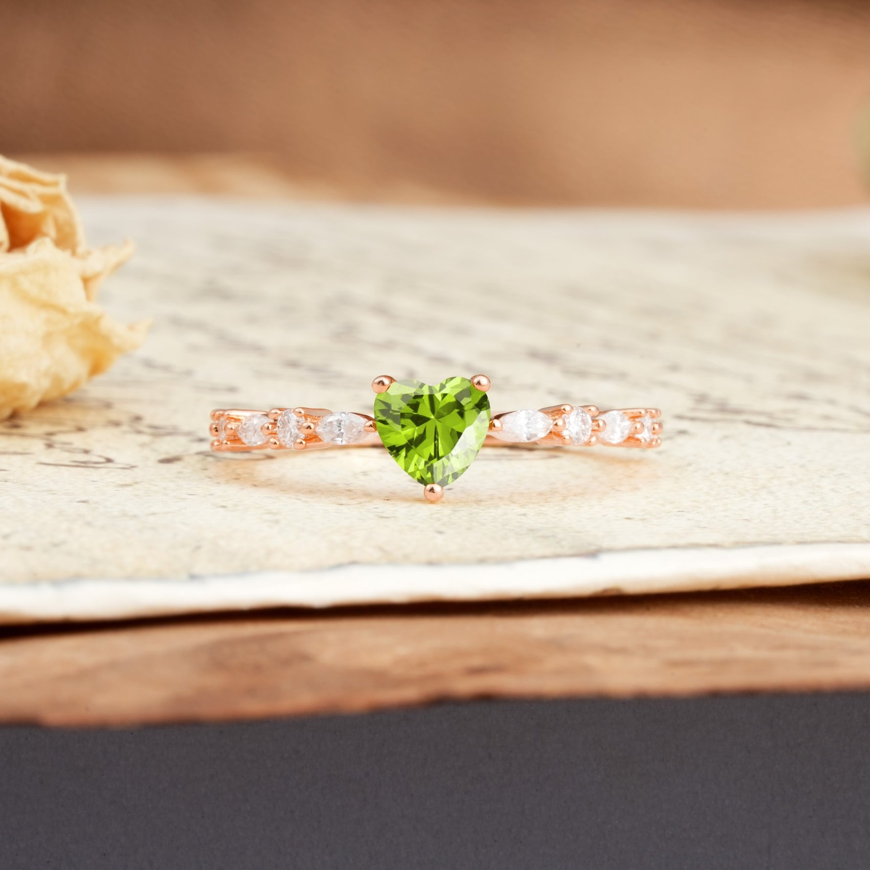 Classic & Minimalist 3-Prong Heart Cut Peridot Engagement Ring - Additional view