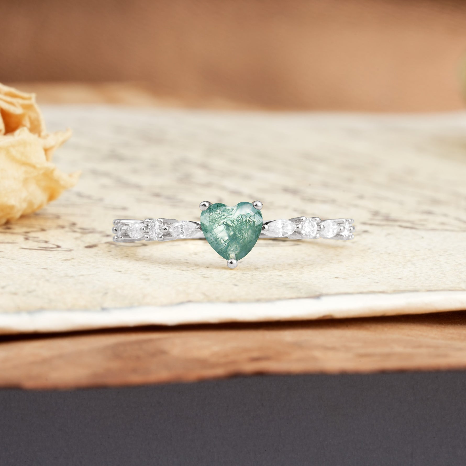 Luxurious Style Pavé 3-Prong Heart Cut Moss Agate Engagement Ring - Additional view