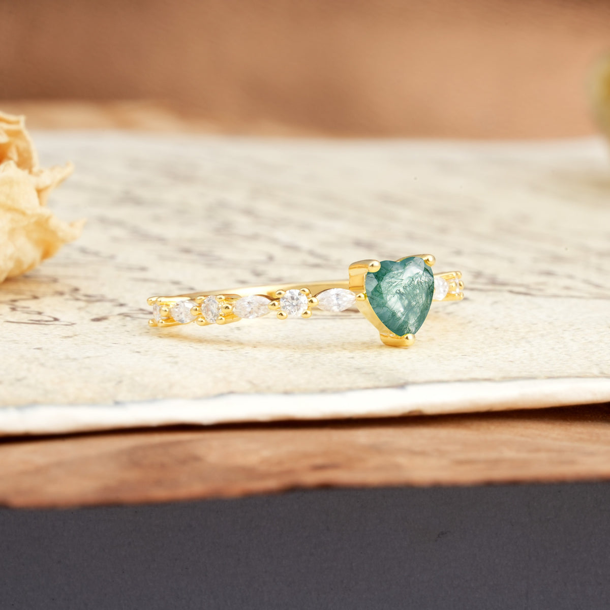 Luxurious Style Pavé 3-Prong Heart Cut Moss Agate Engagement Ring - Additional view