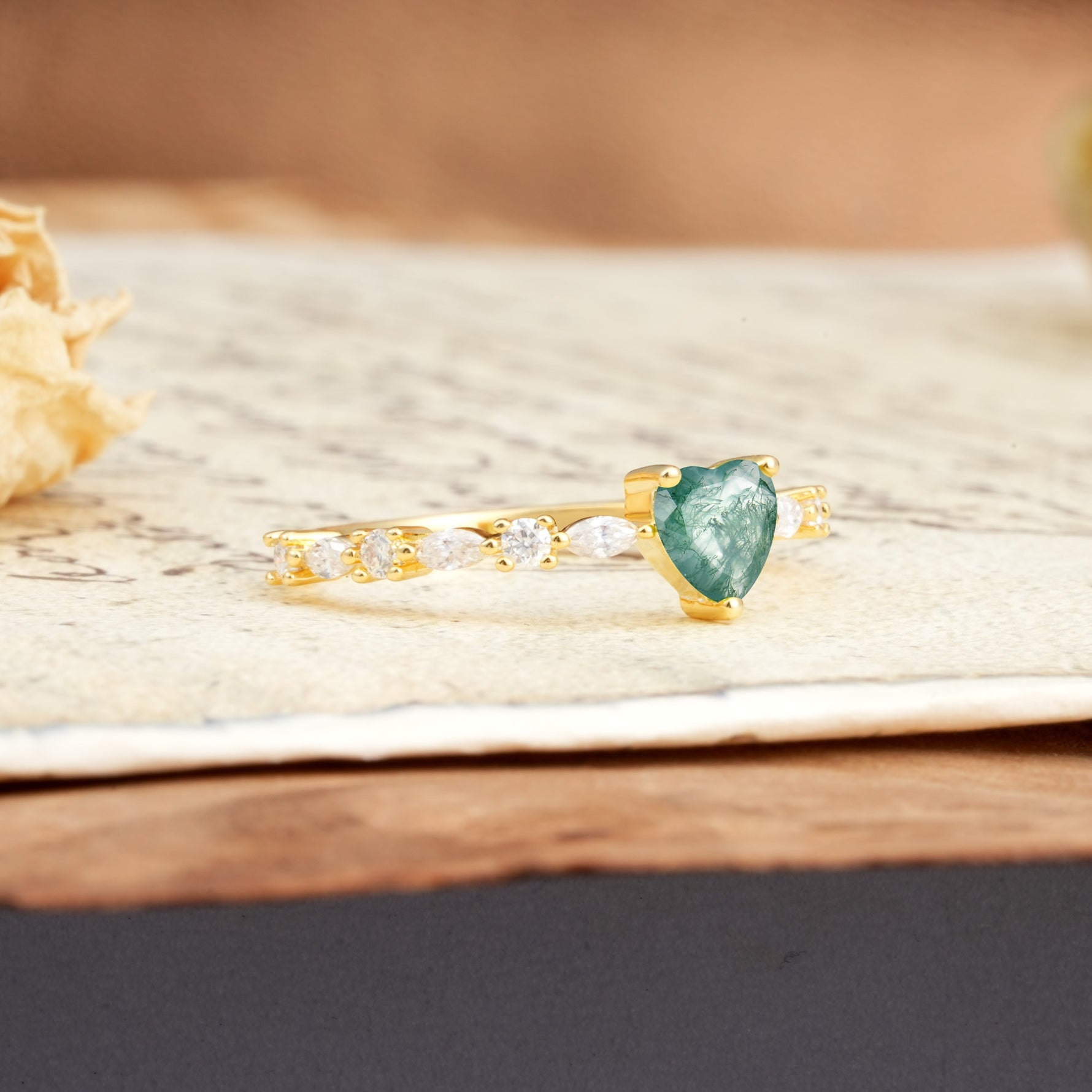 Luxurious Style Pavé 3-Prong Heart Cut Moss Agate Engagement Ring - Additional view