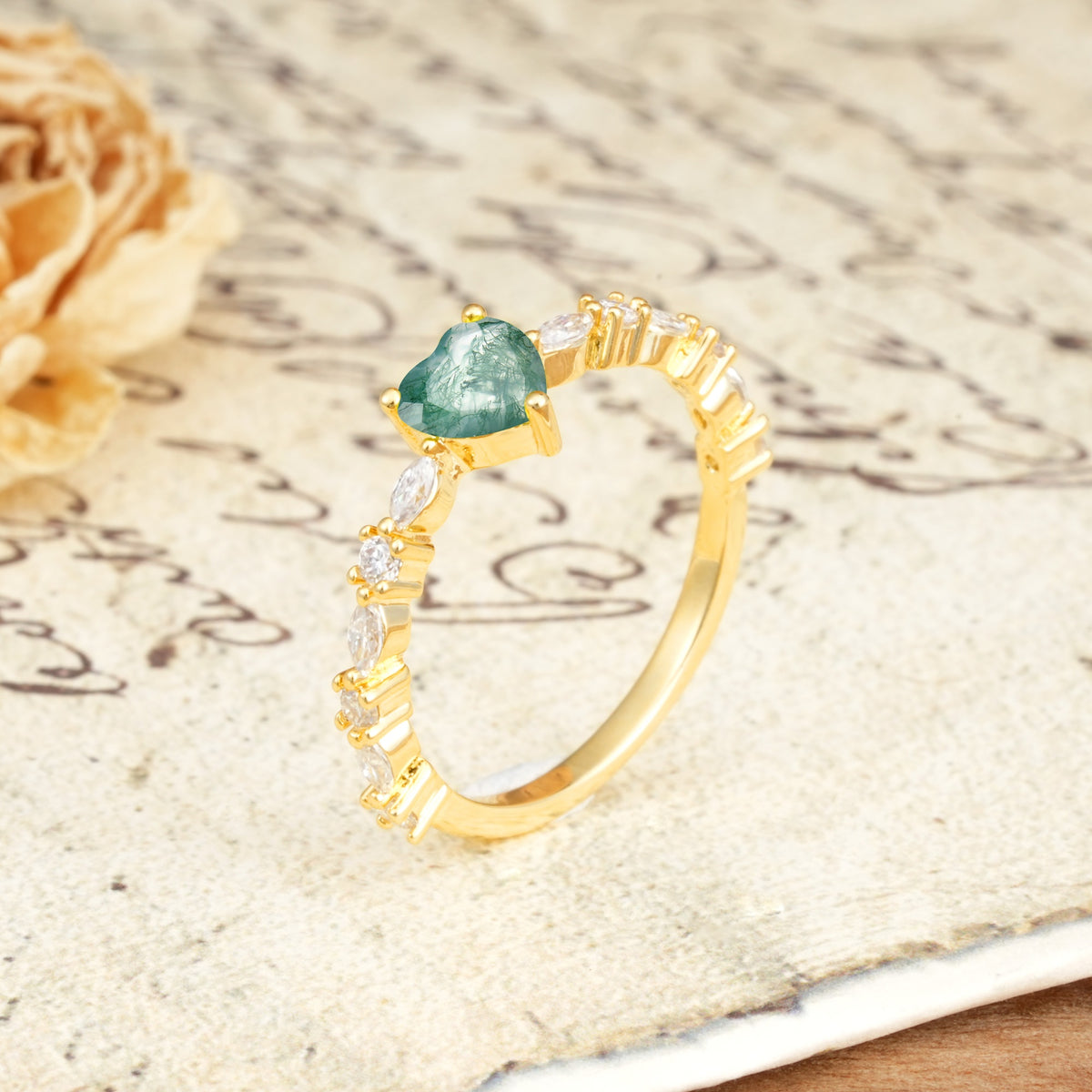 Luxurious Style Pavé 3-Prong Heart Cut Moss Agate Engagement Ring - Additional view