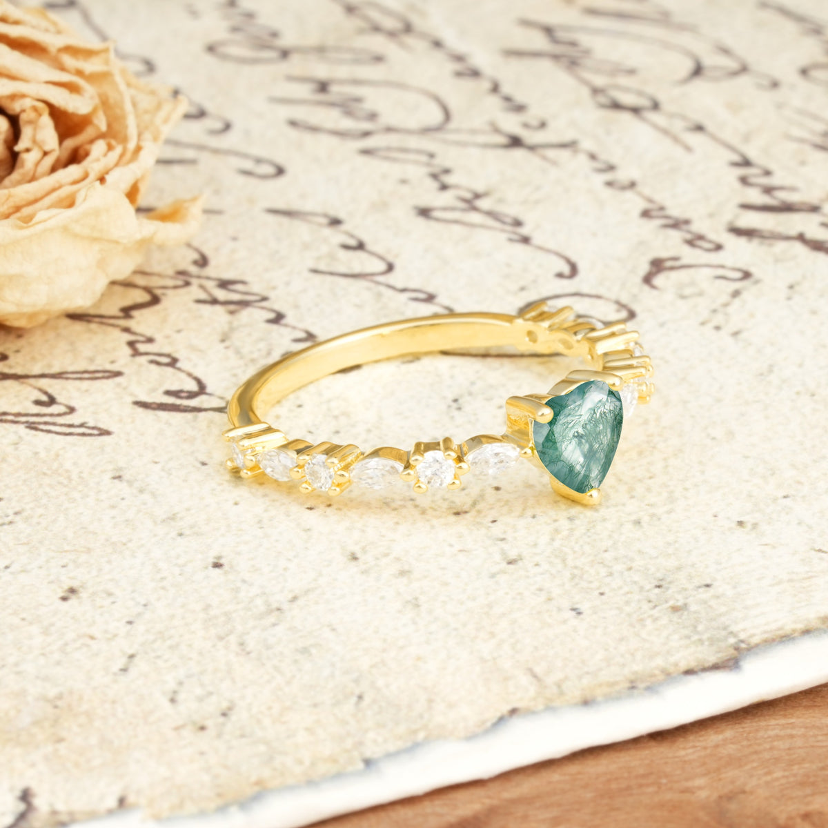 Luxurious Style Pavé 3-Prong Heart Cut Moss Agate Engagement Ring - Additional view