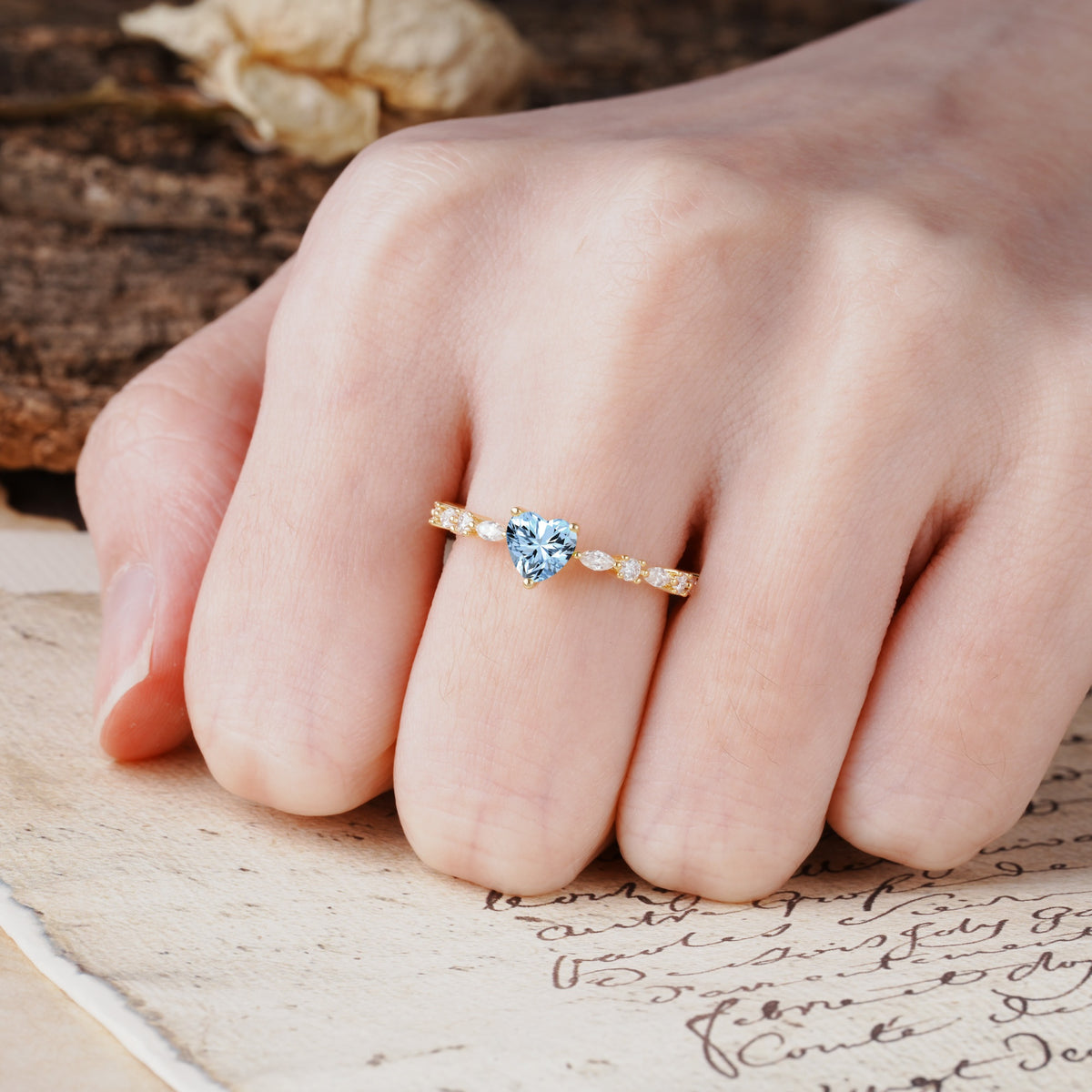 Luxurious Style Pavé 3-Prong Heart Cut Aquamarine Engagement Ring - Additional view