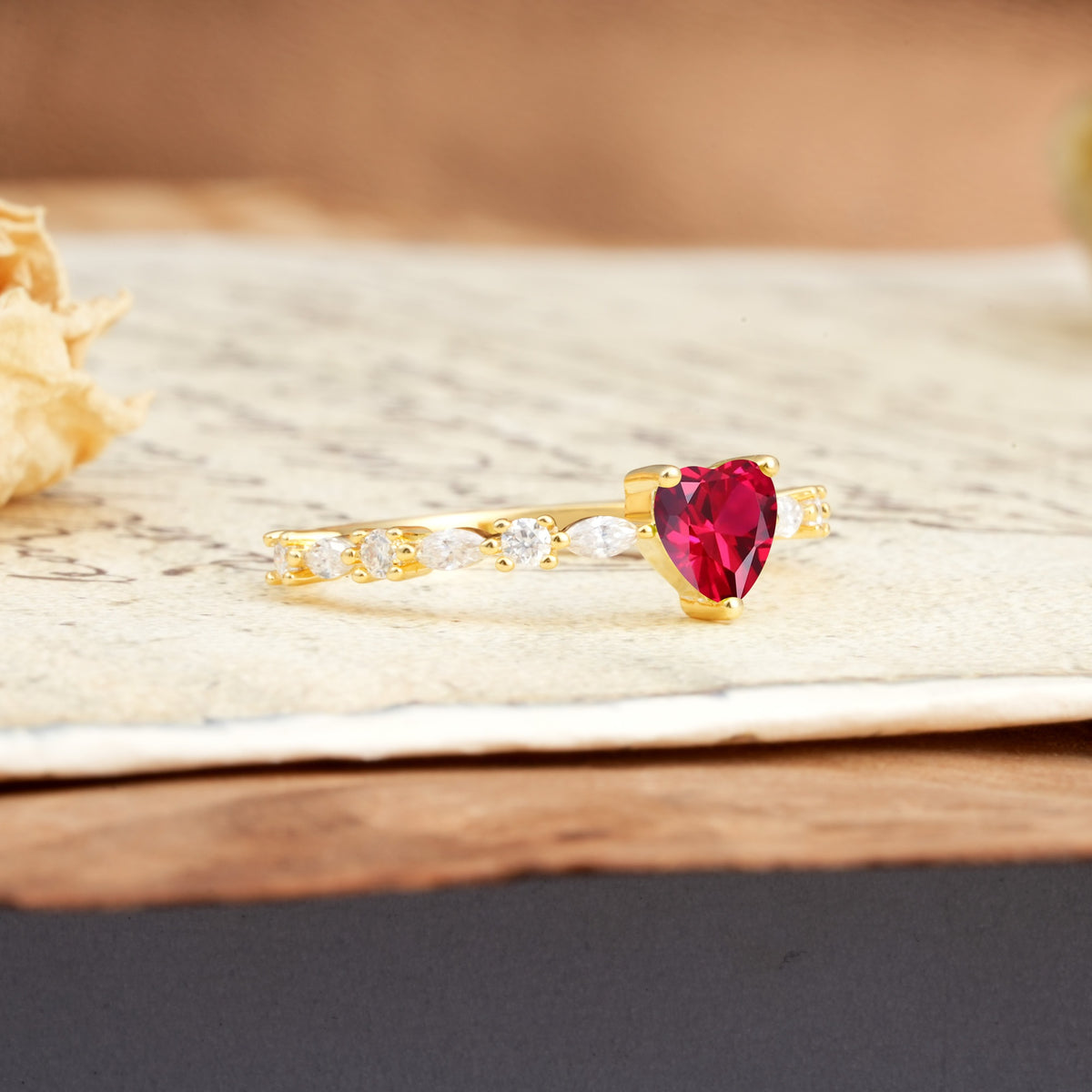 Luxurious Style Pavé 3-Prong Heart Cut Ruby Engagement Ring - Additional view