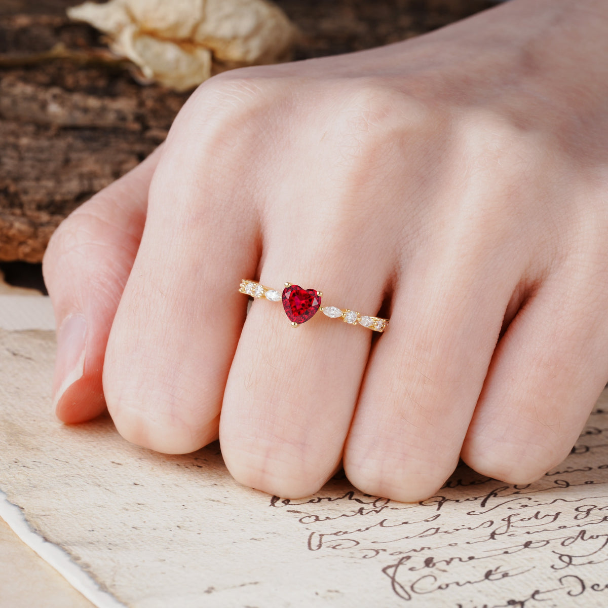 Luxurious Style Pavé 3-Prong Heart Cut Ruby Engagement Ring - Additional view