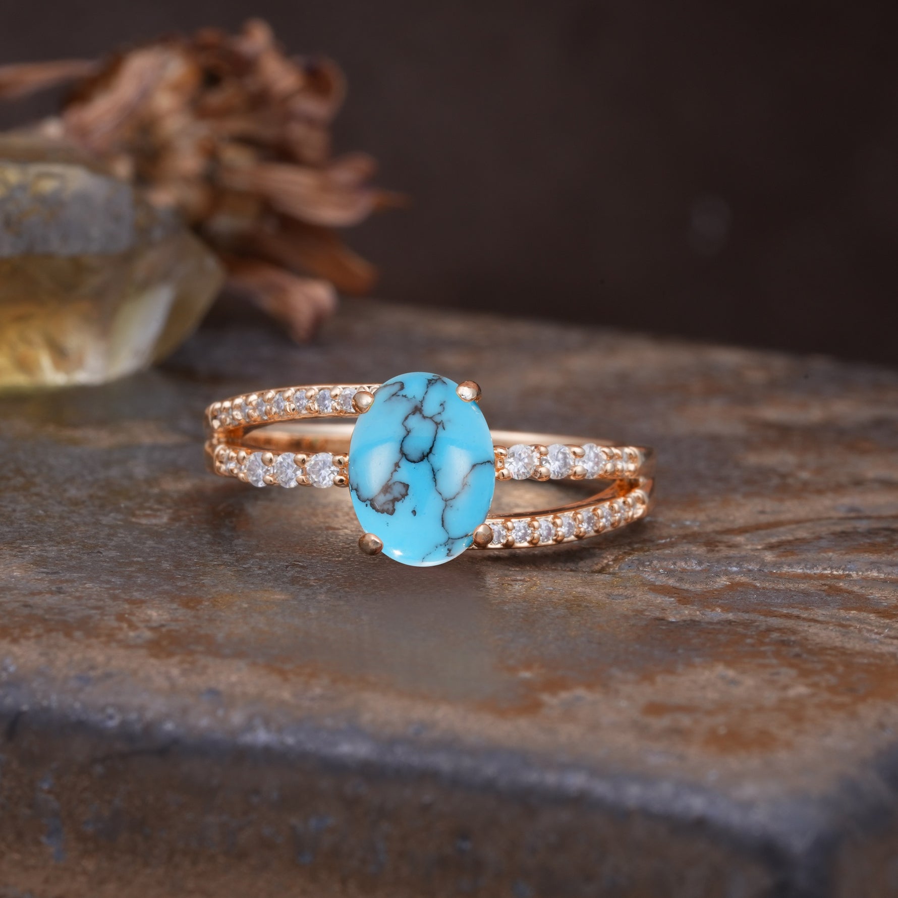 Unique, Classic, Rotating 4-Prong Oval Cut Turquoise Engagement Ring - Additional view